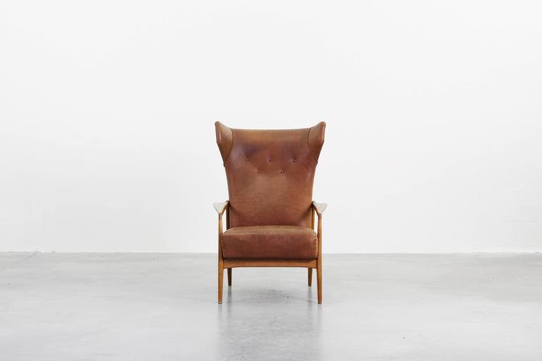 Beautiful Leather Lounge Wing Chair, German Design at 1stDibs