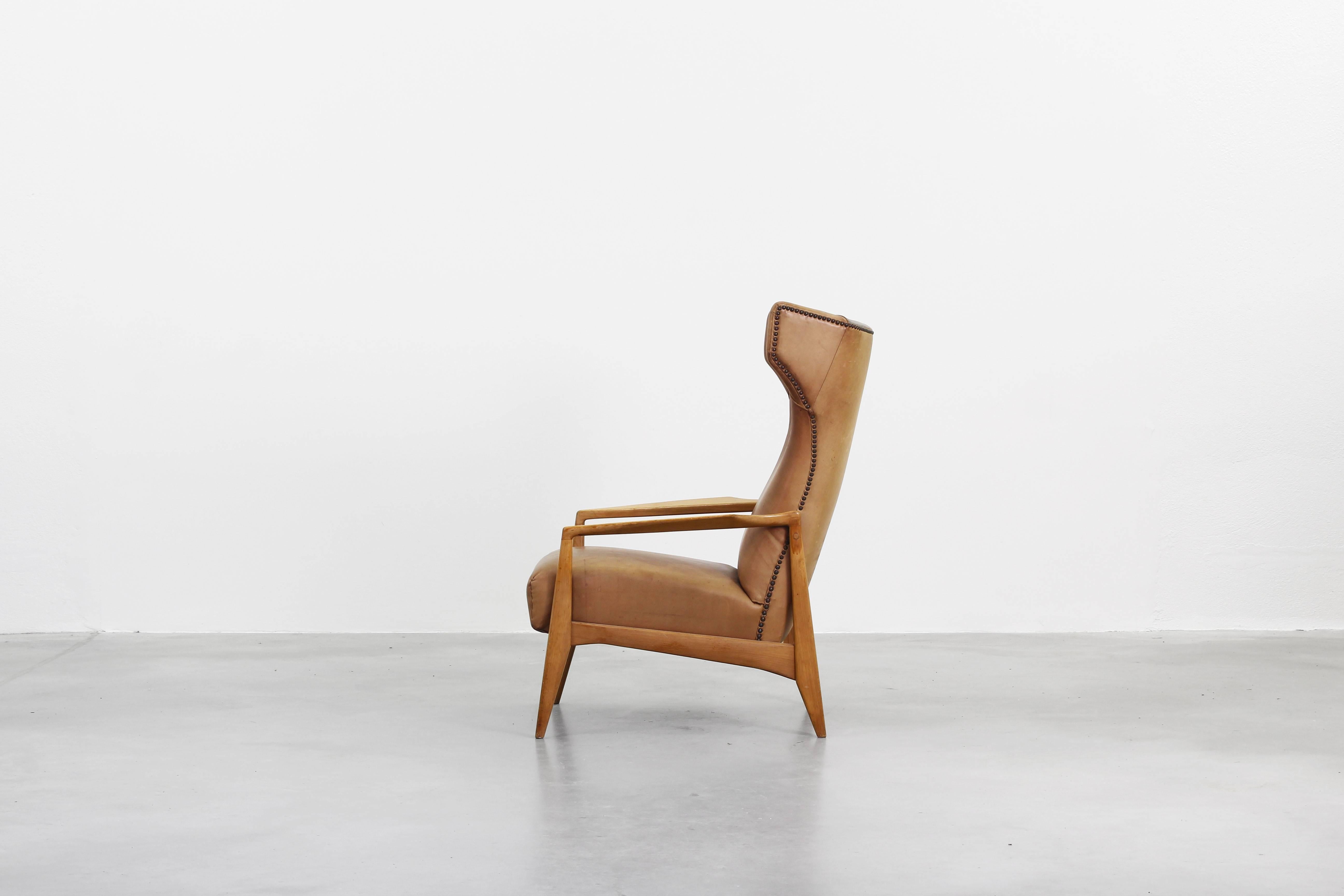Beautiful Leather Lounge Wing Chair, German Design at 1stDibs