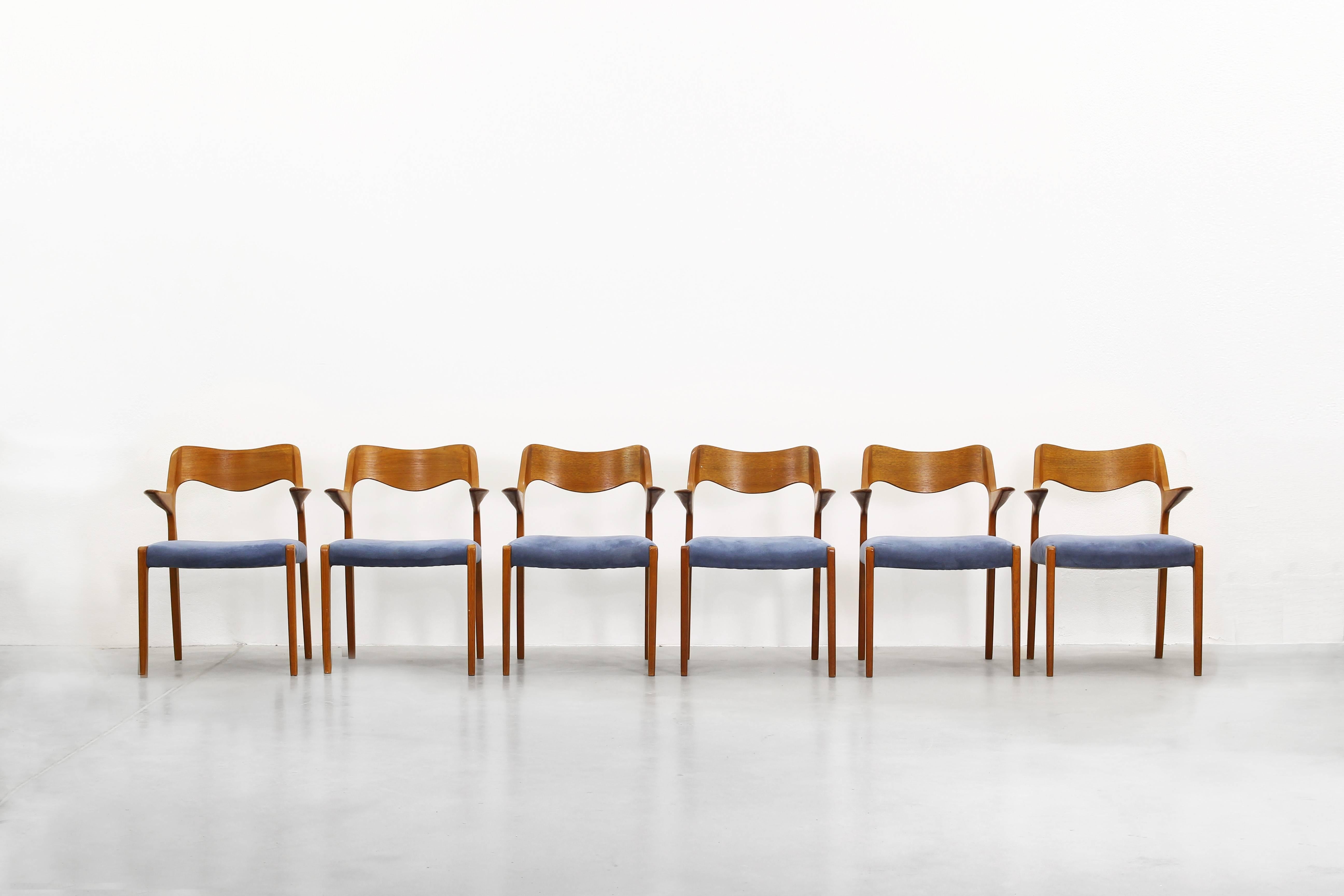 A beautiful set of six rare armchairs by Niels Møller in teak. All chairs are in a very good condition with just little signs of use.
     
    