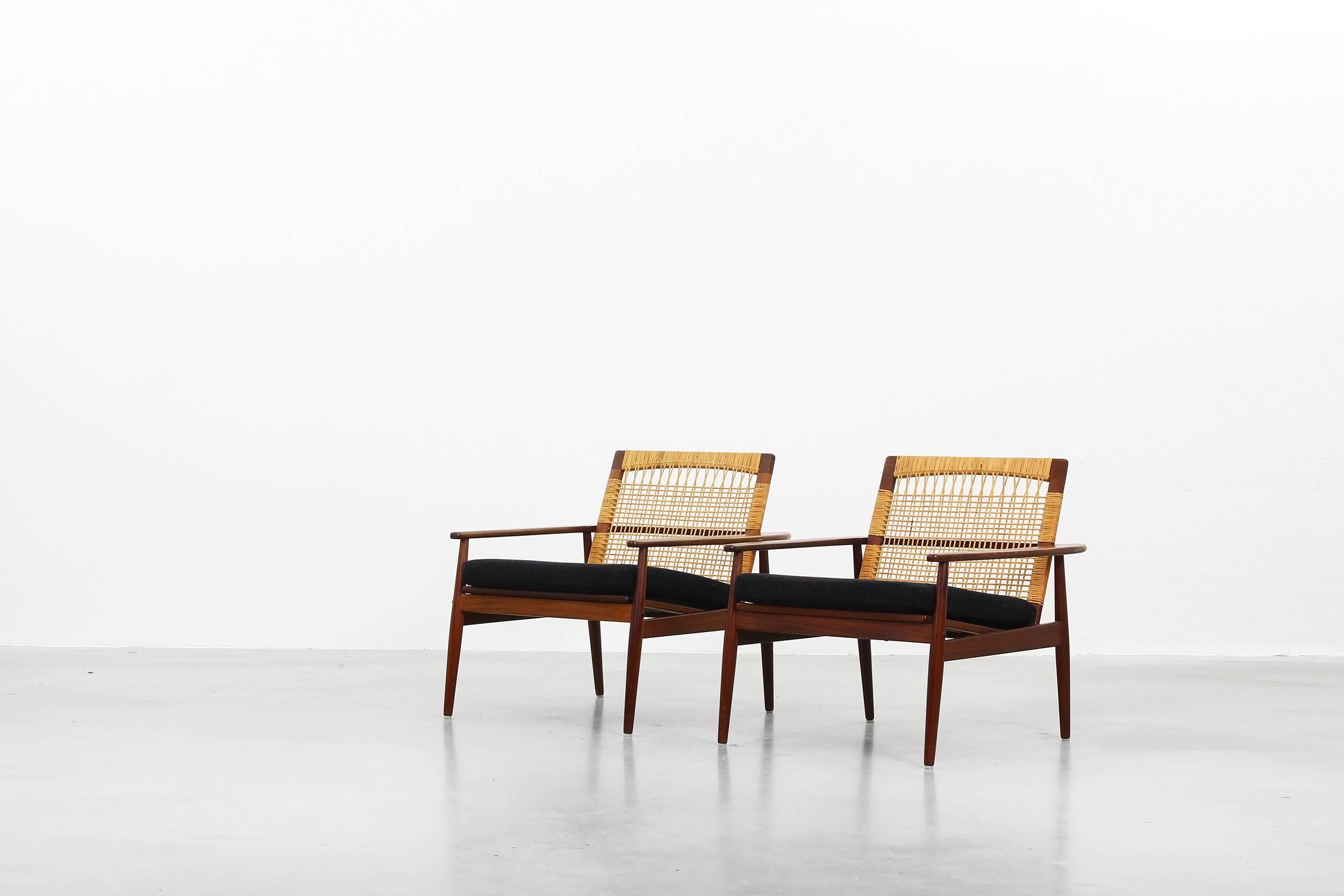Cane Rare Pair of Lounge Easy Chairs by Hans Olsen for Juul Kristiansen