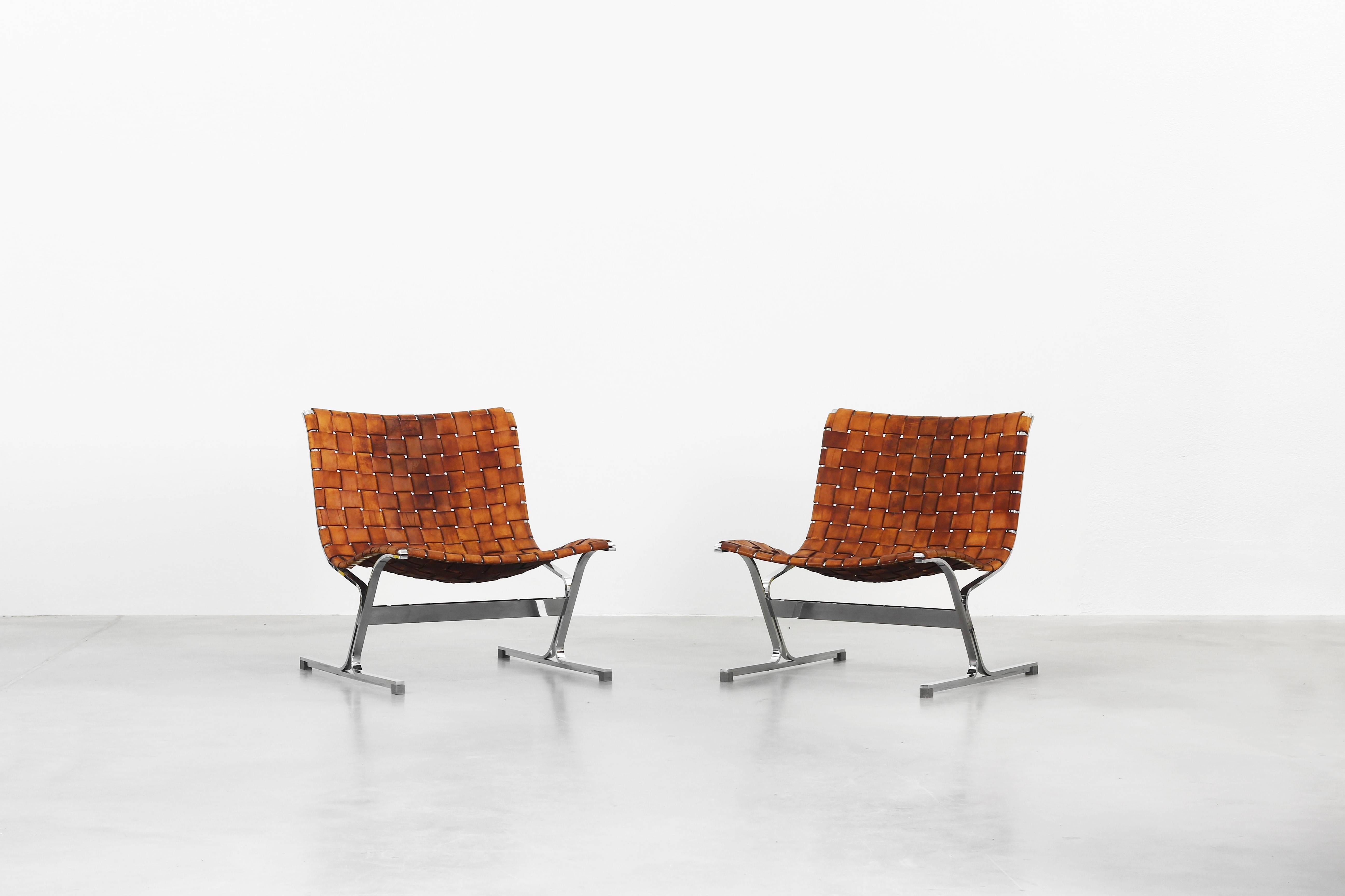 A pair of beautiful lounge chairs designed by Ross Littell for ICF, Mod. PLR 1, in 1960s. Both chairs are in a good used condition. The leather is with a beautiful patina and the chromed steel frame is in an excellent condition.

Please do not