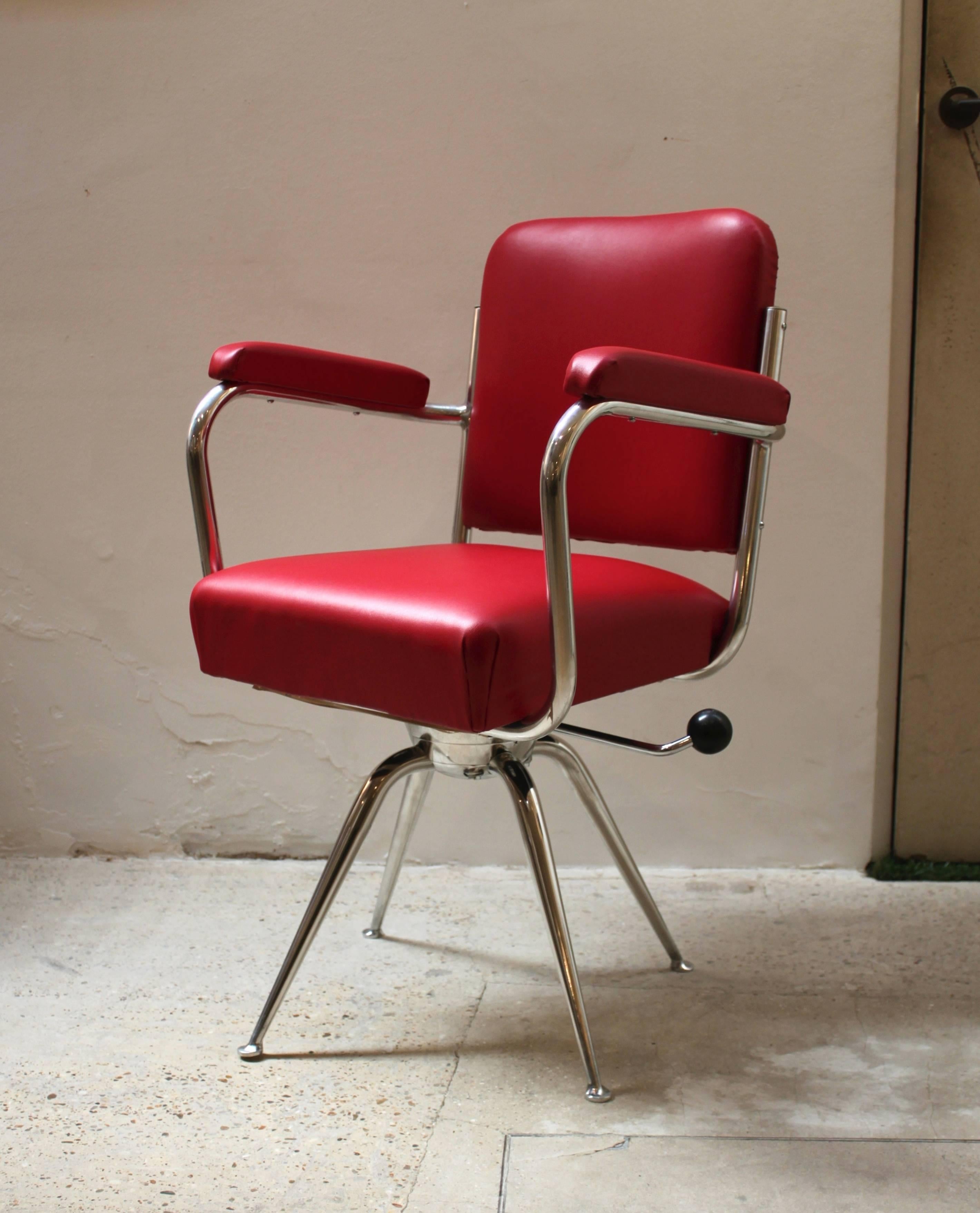 Mid-Century Modern Chrome and Red Leather Desk Chair For Sale