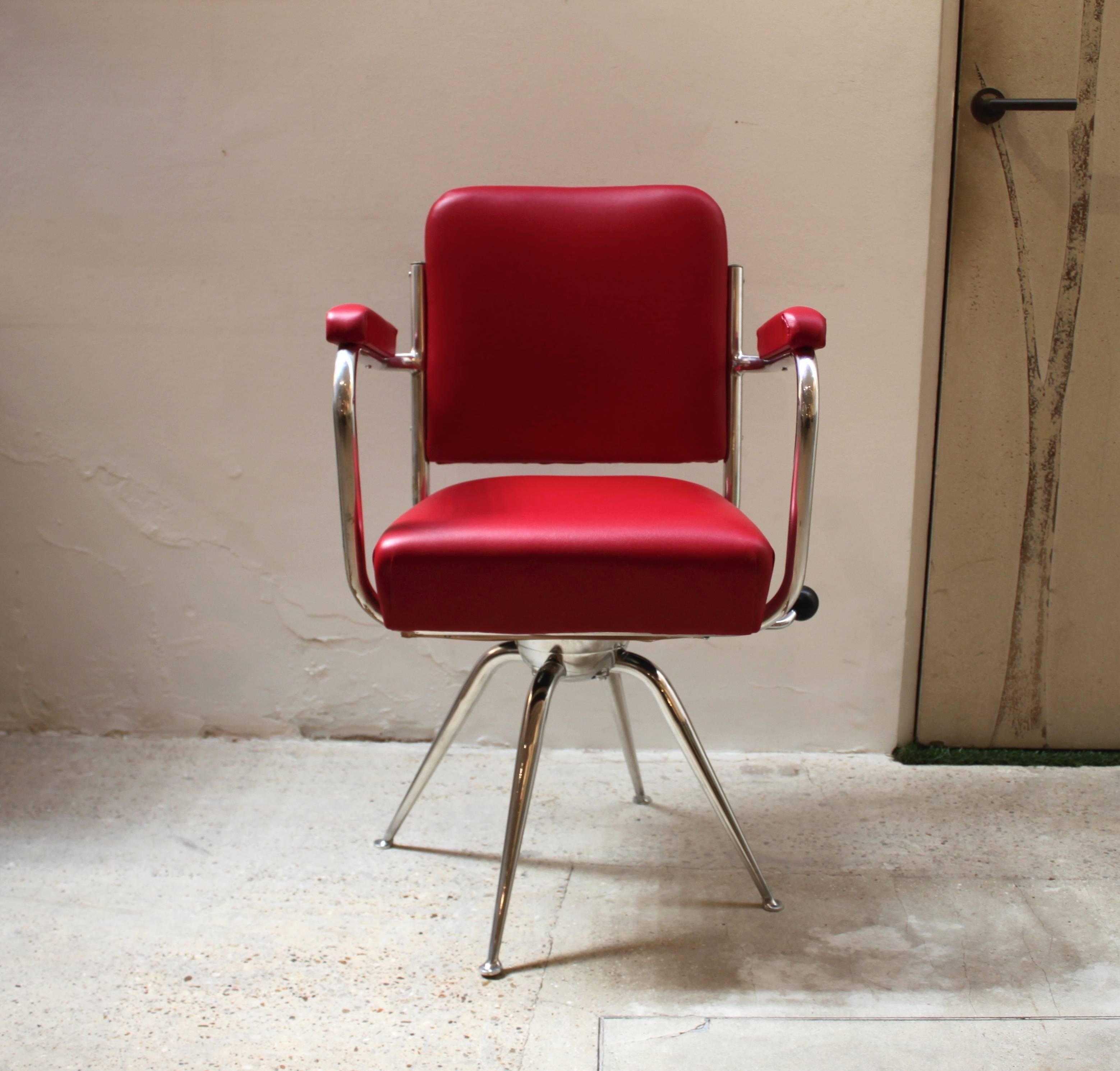 Chrome and Red Leather Desk Chair In Good Condition For Sale In London, GB