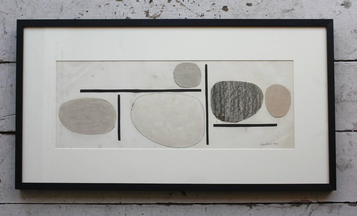 Artist: Derek Carruthers (b1935). 
Title: Divided Space IV. 
Medium: Collage, pencil and charcoal on paper. 
Signed and dated. Titled on verso. 
Date: 1961. 

Dimensions (framed): 73 x 38 cm.