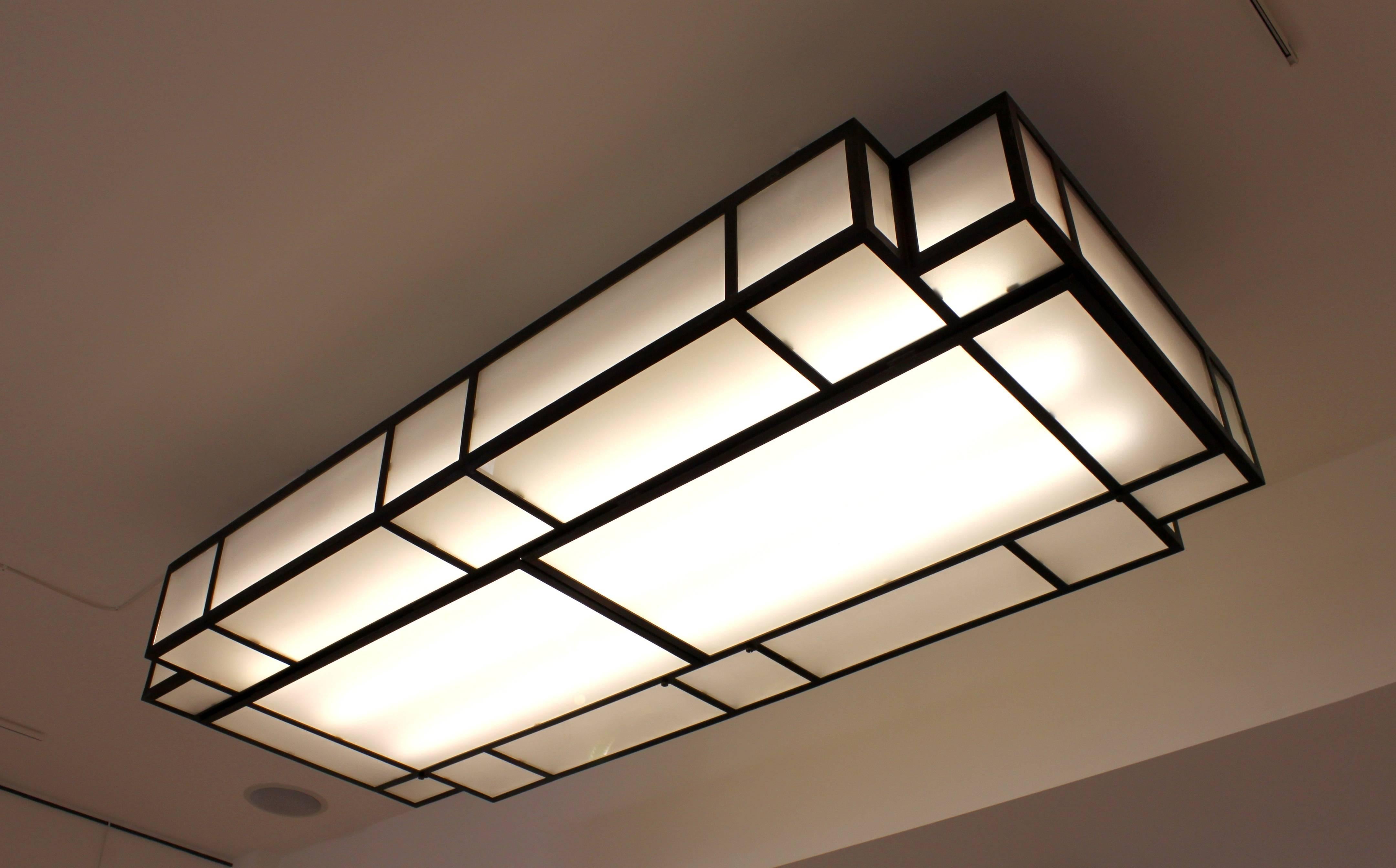 Art Deco Bronze and Glass Cuboid Ceiling Light Attributed to Ruhlmann