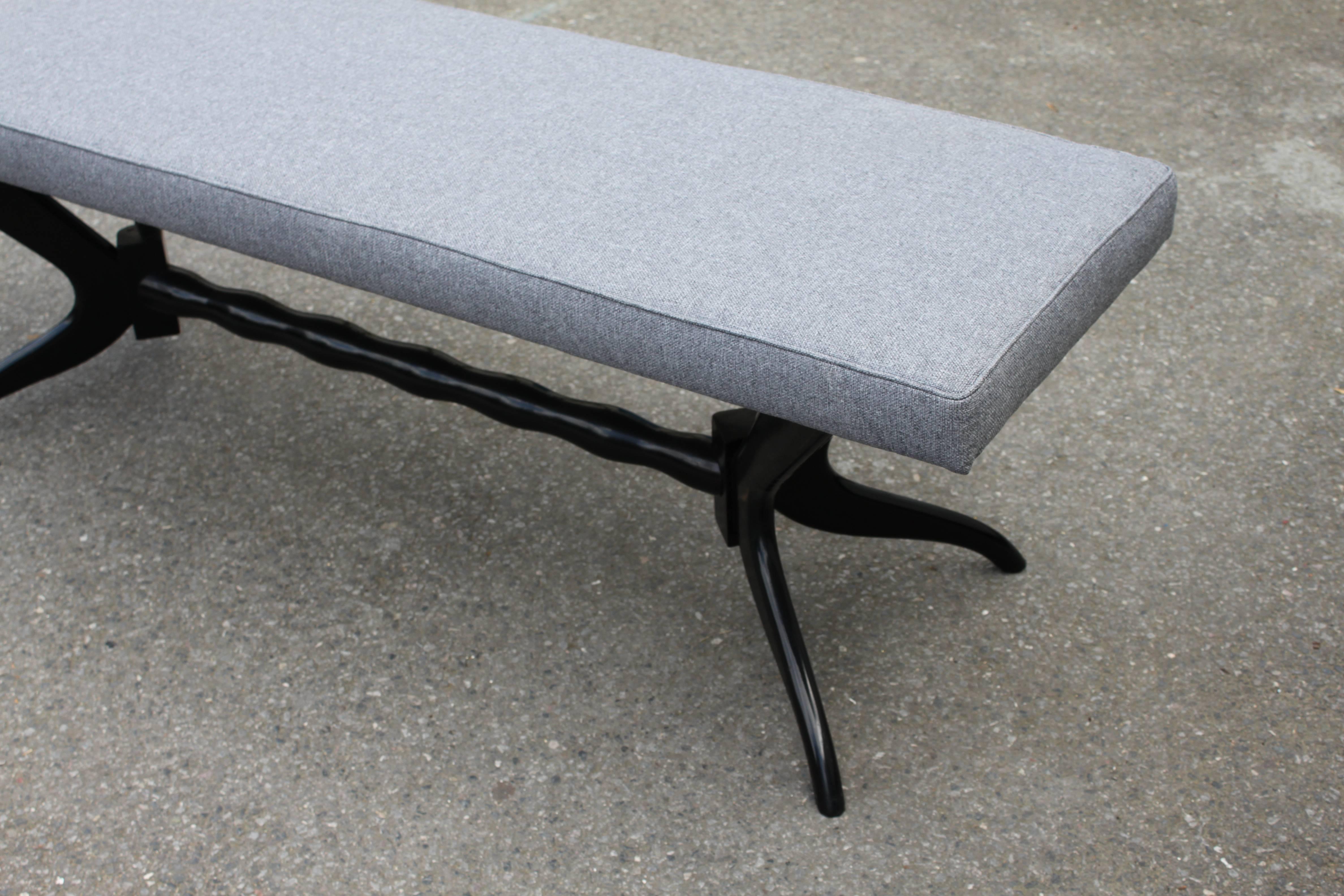 Fabric Pair of Black Lacquered Carved Base Benches from 1950s For Sale