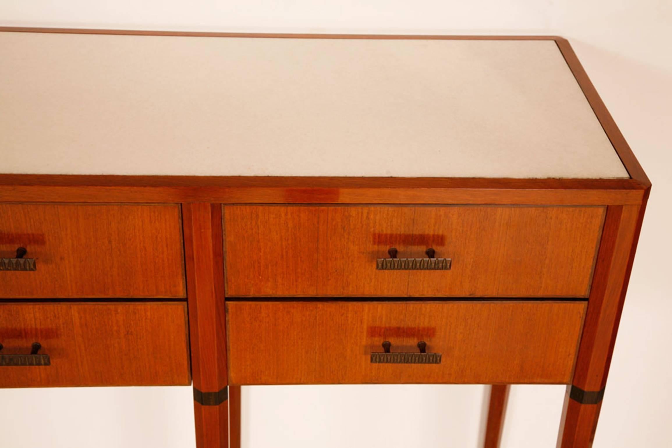 Paolo Buffa, superb quality Italian walnut six-drawer console table with inset white marble top. 

Italian, circa 1948.
 