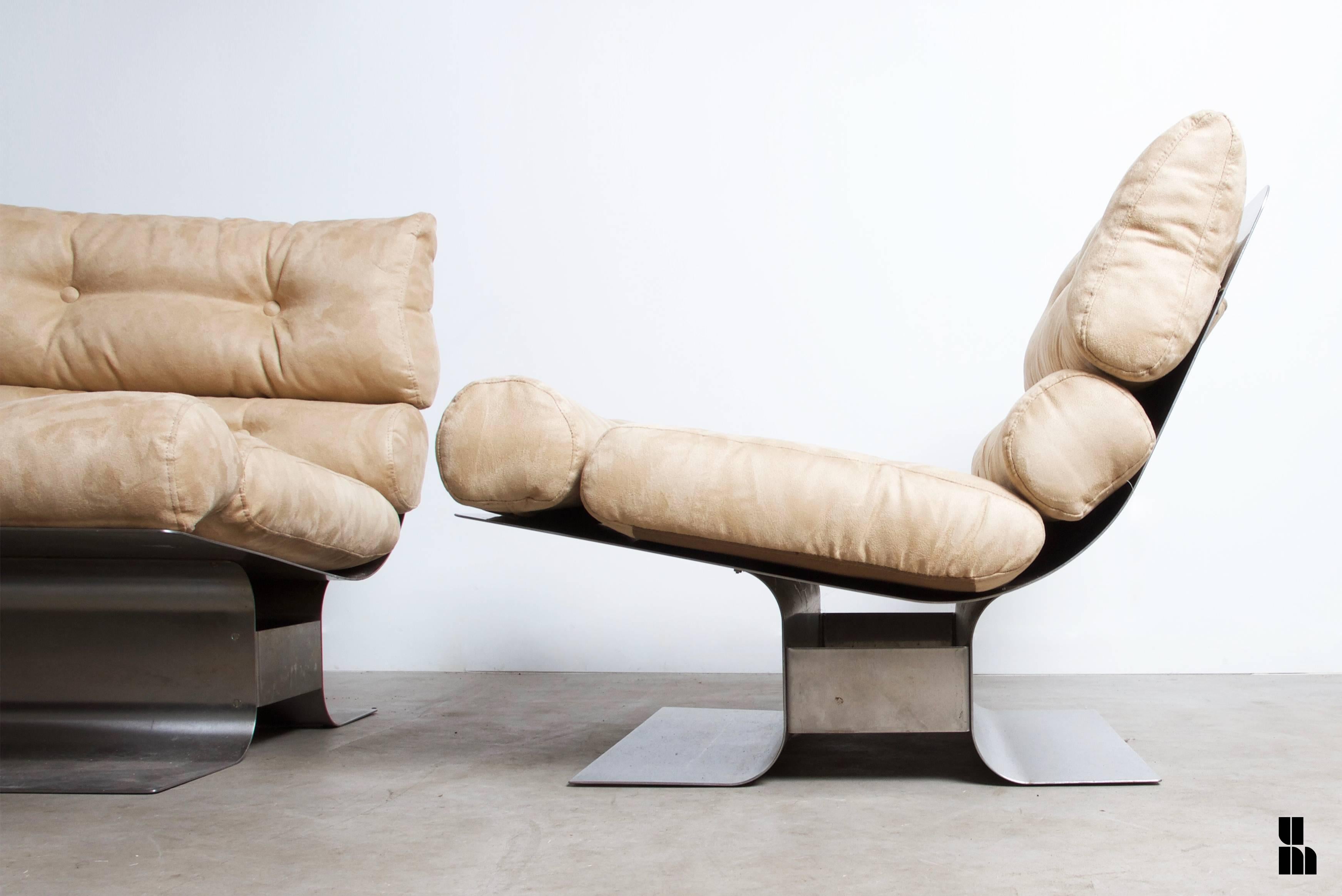 Post-Modern 1972, Francois Monnet, Kappa, Pair of Stainless Steel Lounge Chairs, Suede Seat