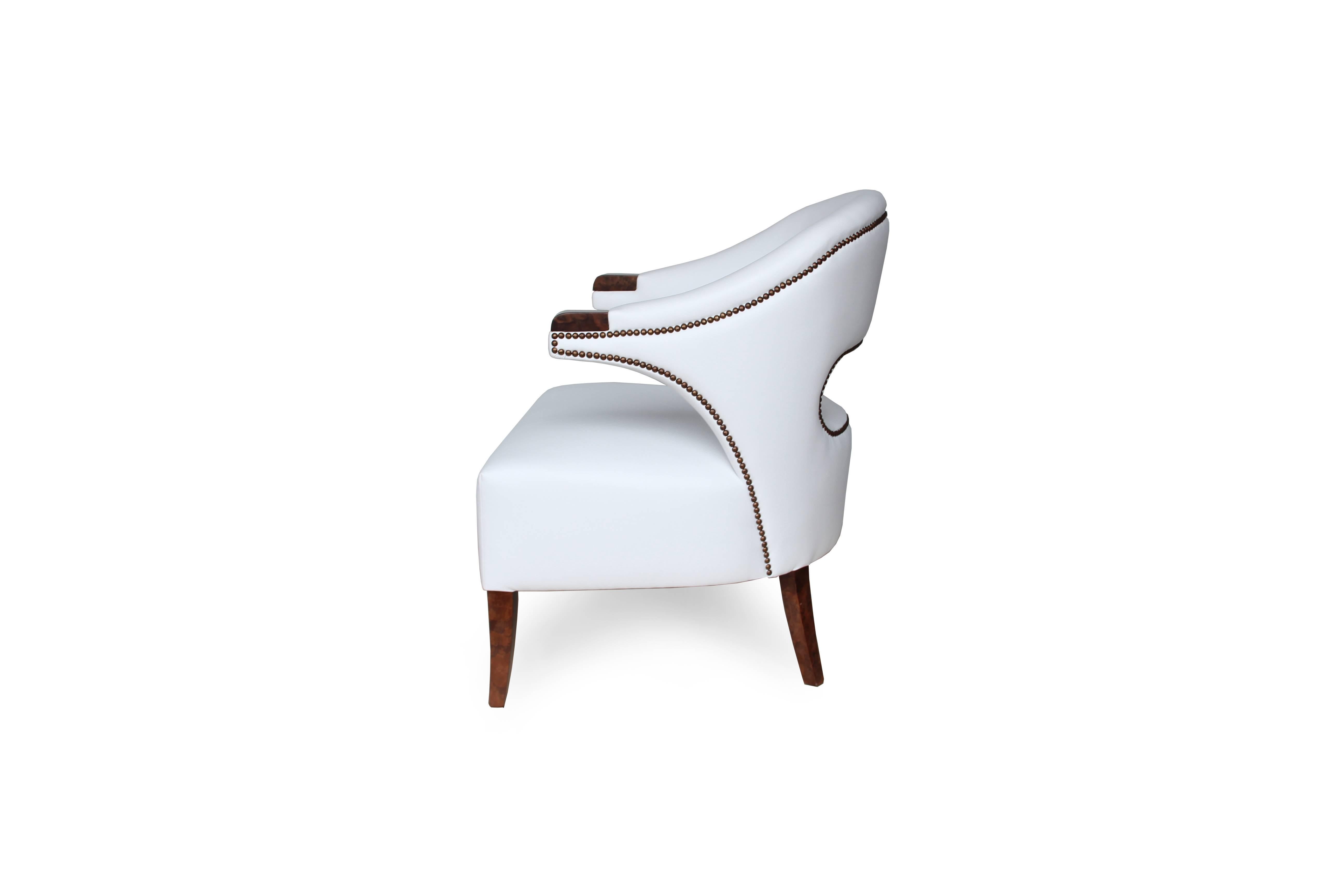 Blackened European Modern White Faux Leather Brass and Walnut Armchair For Sale