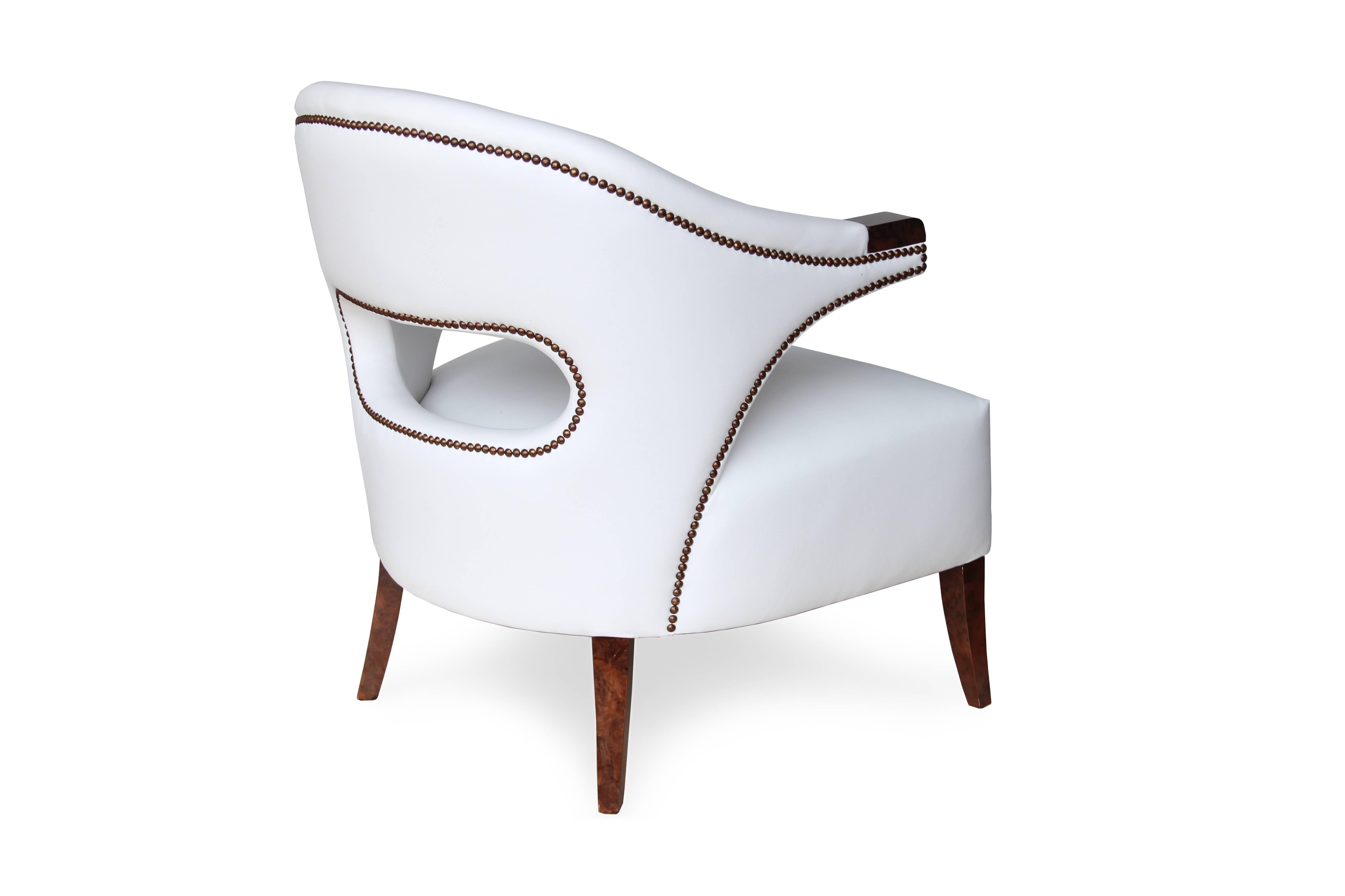European Modern White Faux Leather Brass and Walnut Armchair In Excellent Condition For Sale In Sydney, NSW