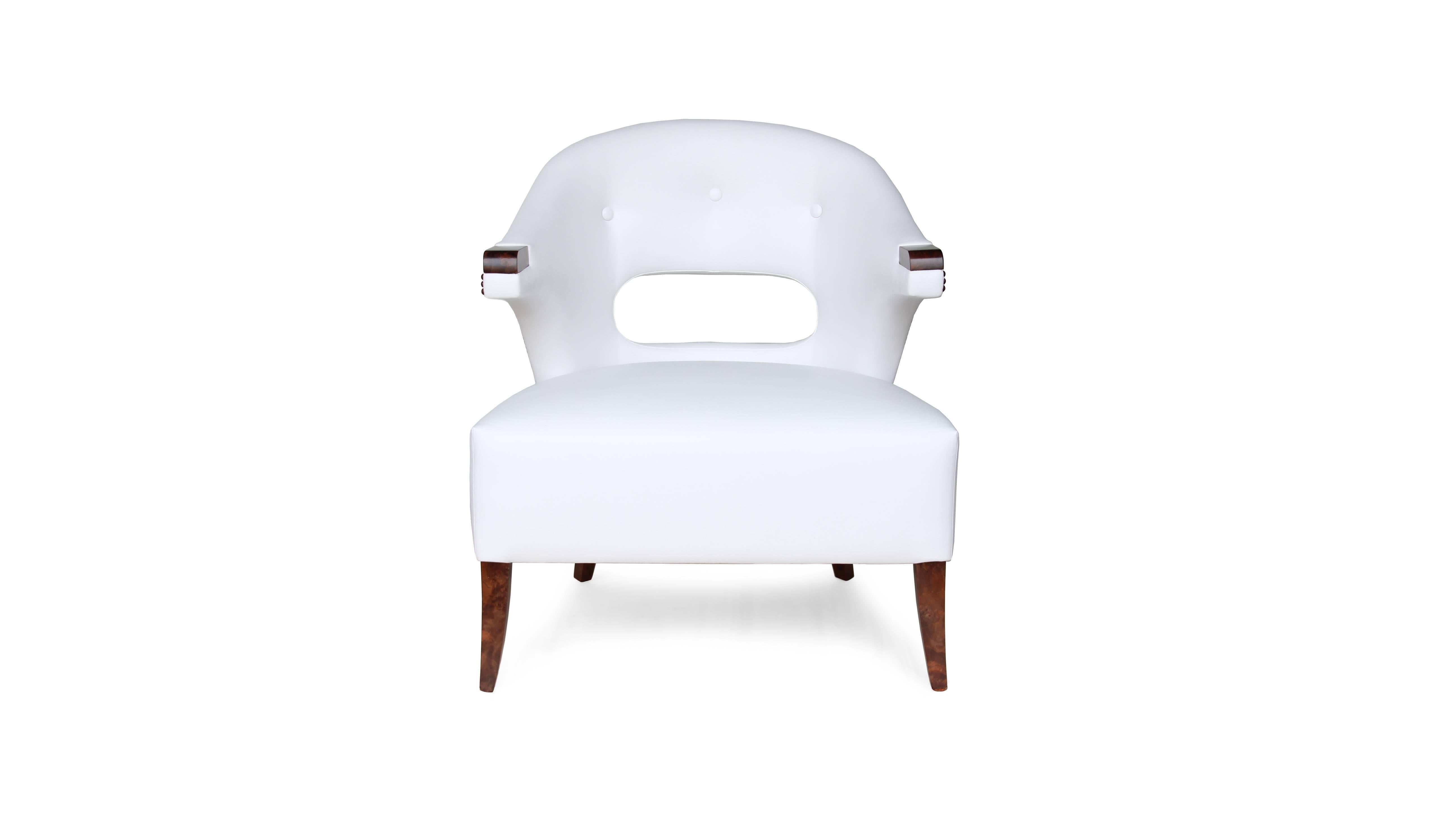 Portuguese European Modern White Faux Leather Brass and Walnut Armchair For Sale