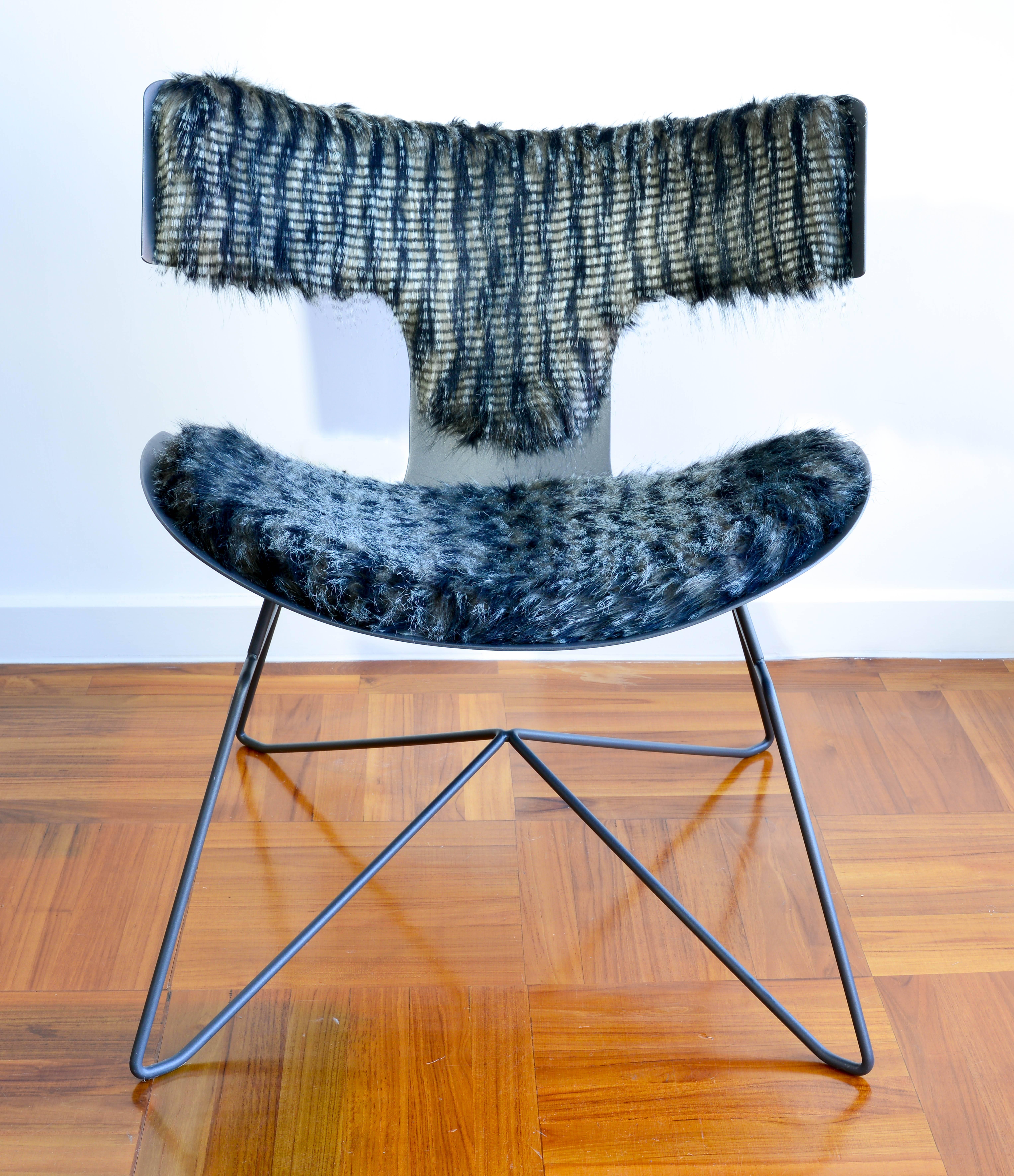 One of a kind and very unique steel grey powder coated and faux fur Industrial lounge chair.
