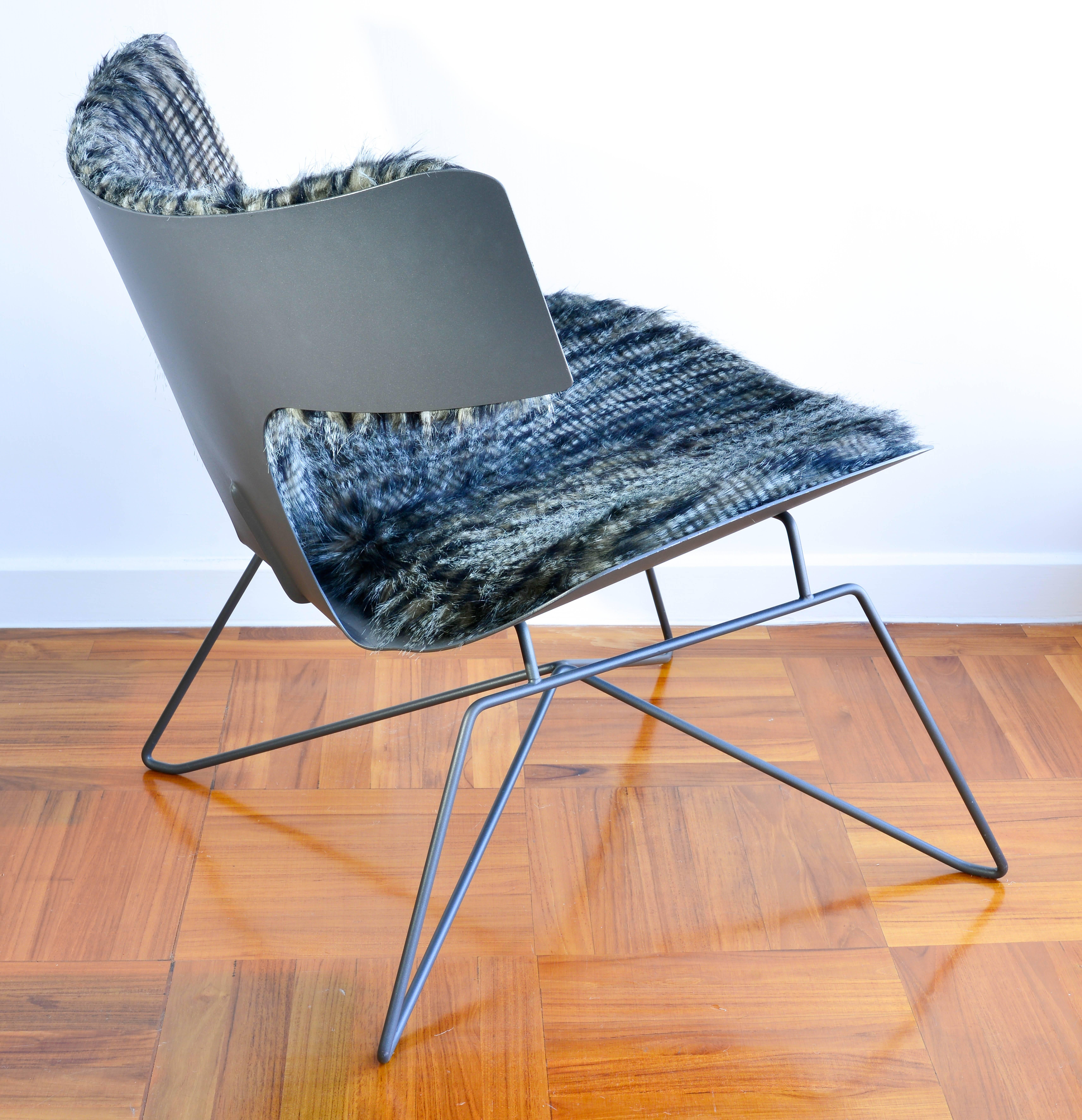Powder-Coated Powder Coated and Faux Fur Industrial-style Lounge Chair from France