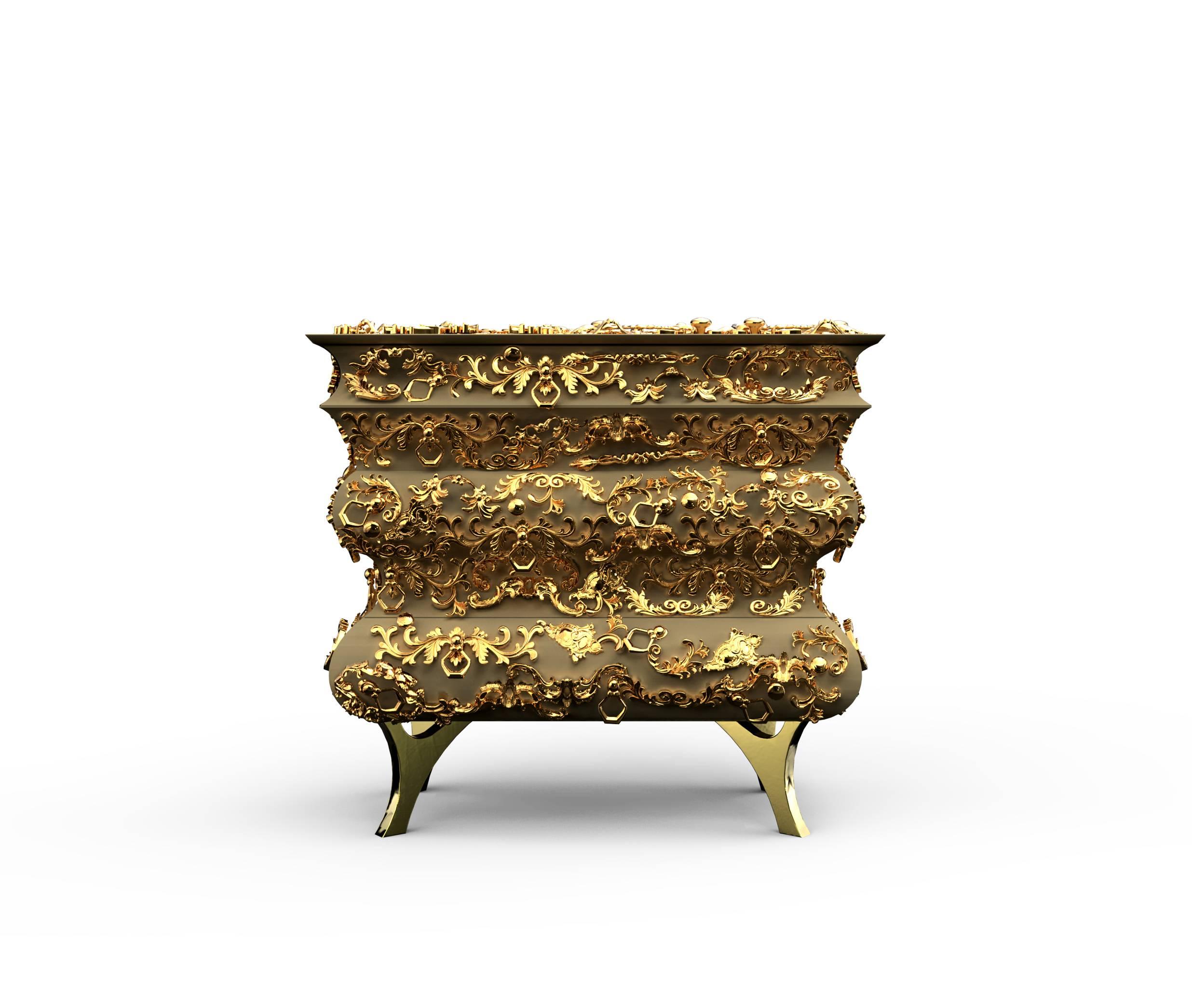 Timeless and classical nightstand inspired by an artisan method popular in Europe during the 19th century. It is made in wood and finished with a golden leaf with translucent beige/high gloss varnish. It is then covered in a beautiful intricate