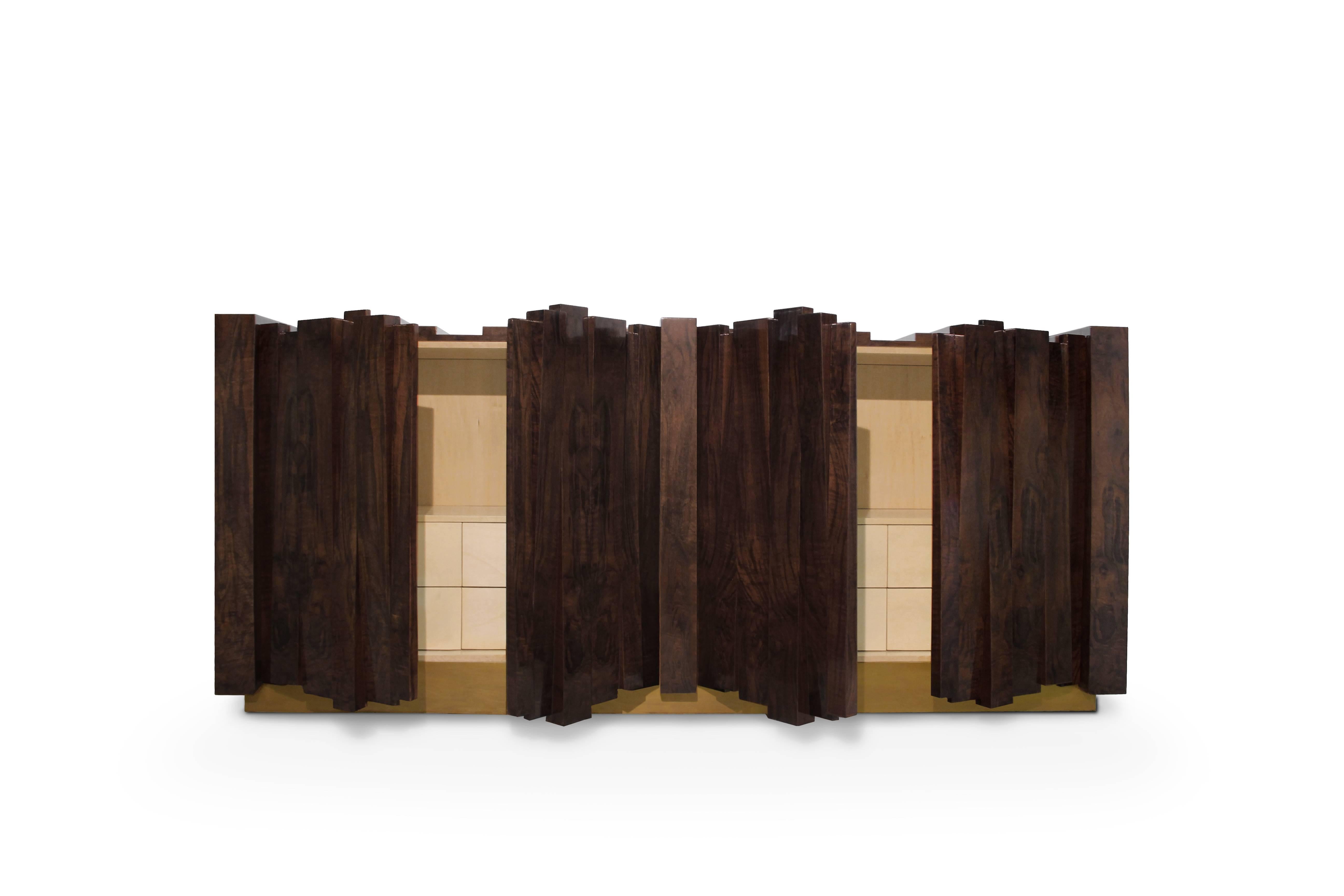Modern Four Door Walnut Wood and Brass Nazca Sideboard by Brabbu from Europe For Sale