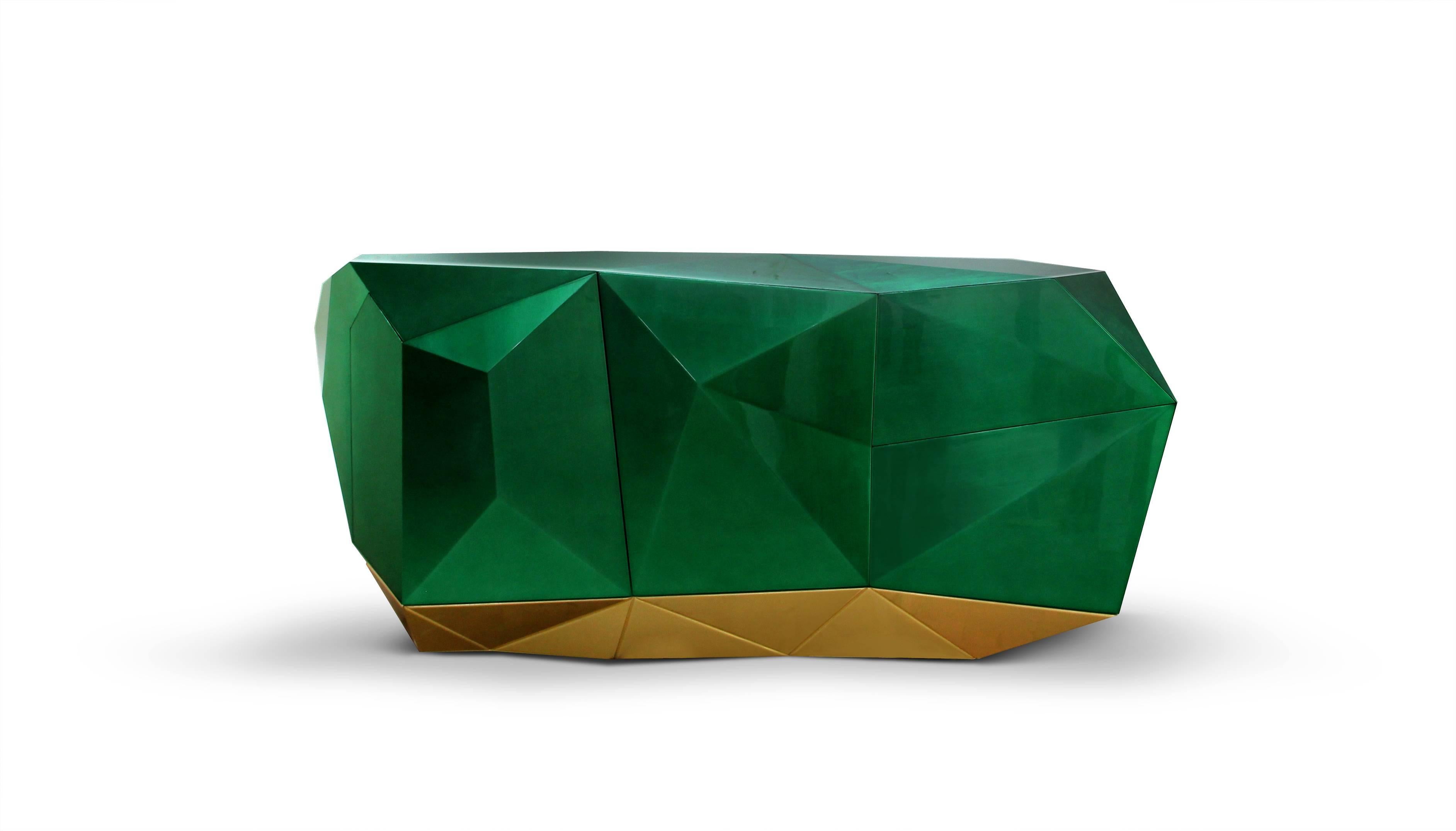 Modern European Boca Do Lobo Diamond Emerald Green and Gold Leaf Sculptural Sideboard For Sale
