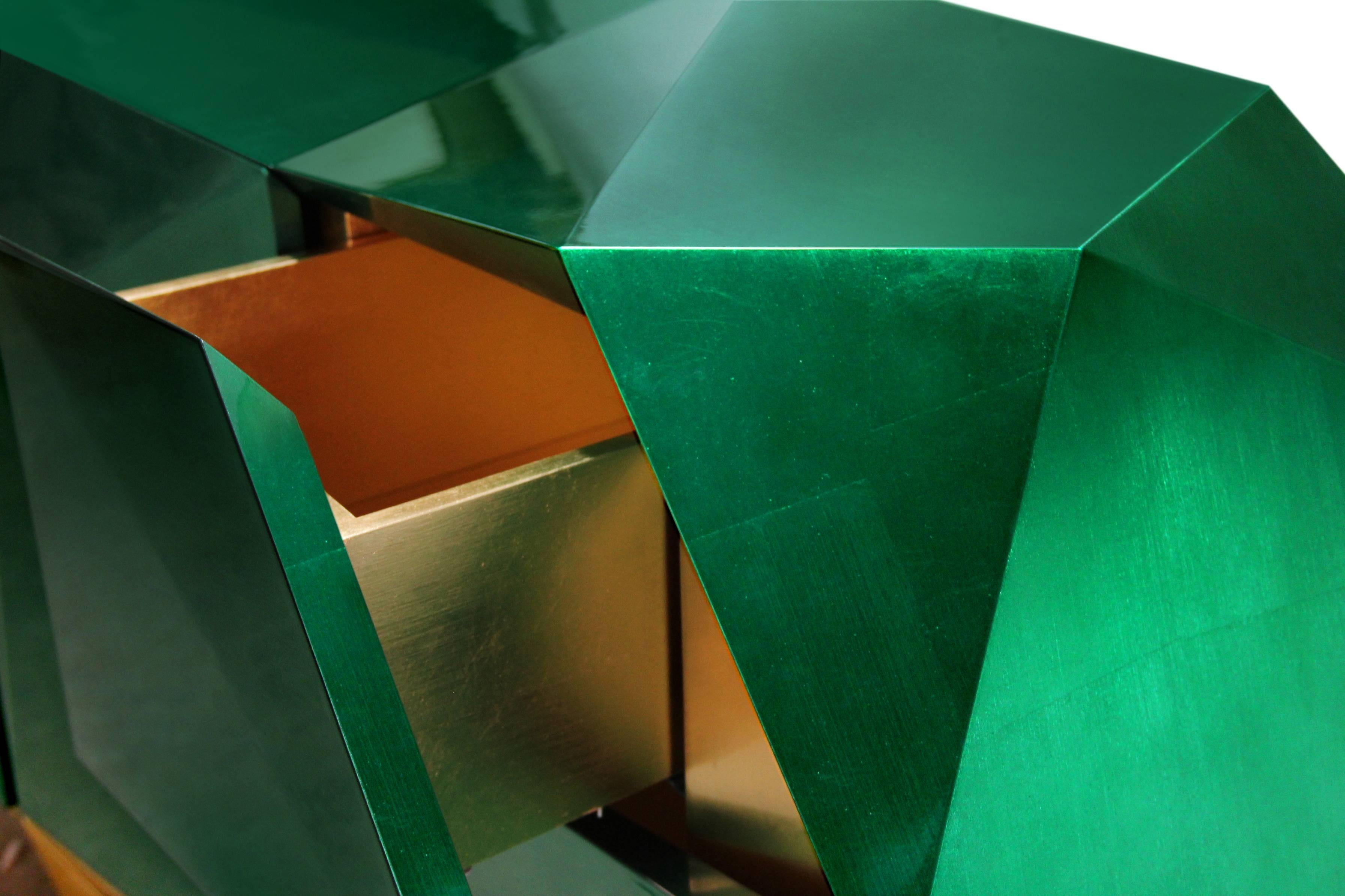 Carved European Boca Do Lobo Diamond Emerald Green and Gold Leaf Sculptural Sideboard For Sale
