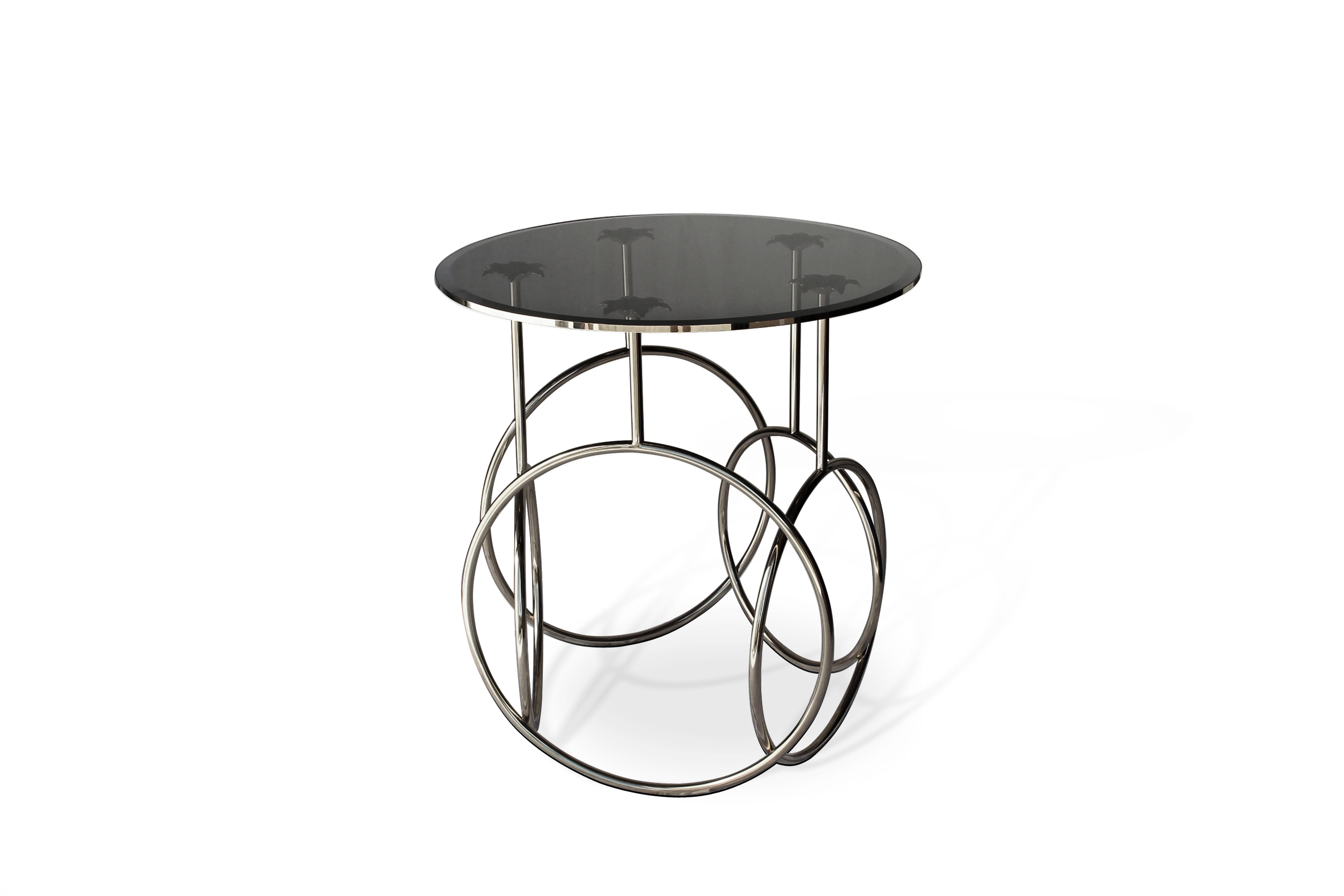 Portuguese European modern Polished Brass and Glass rings Round Side Table by Koket For Sale