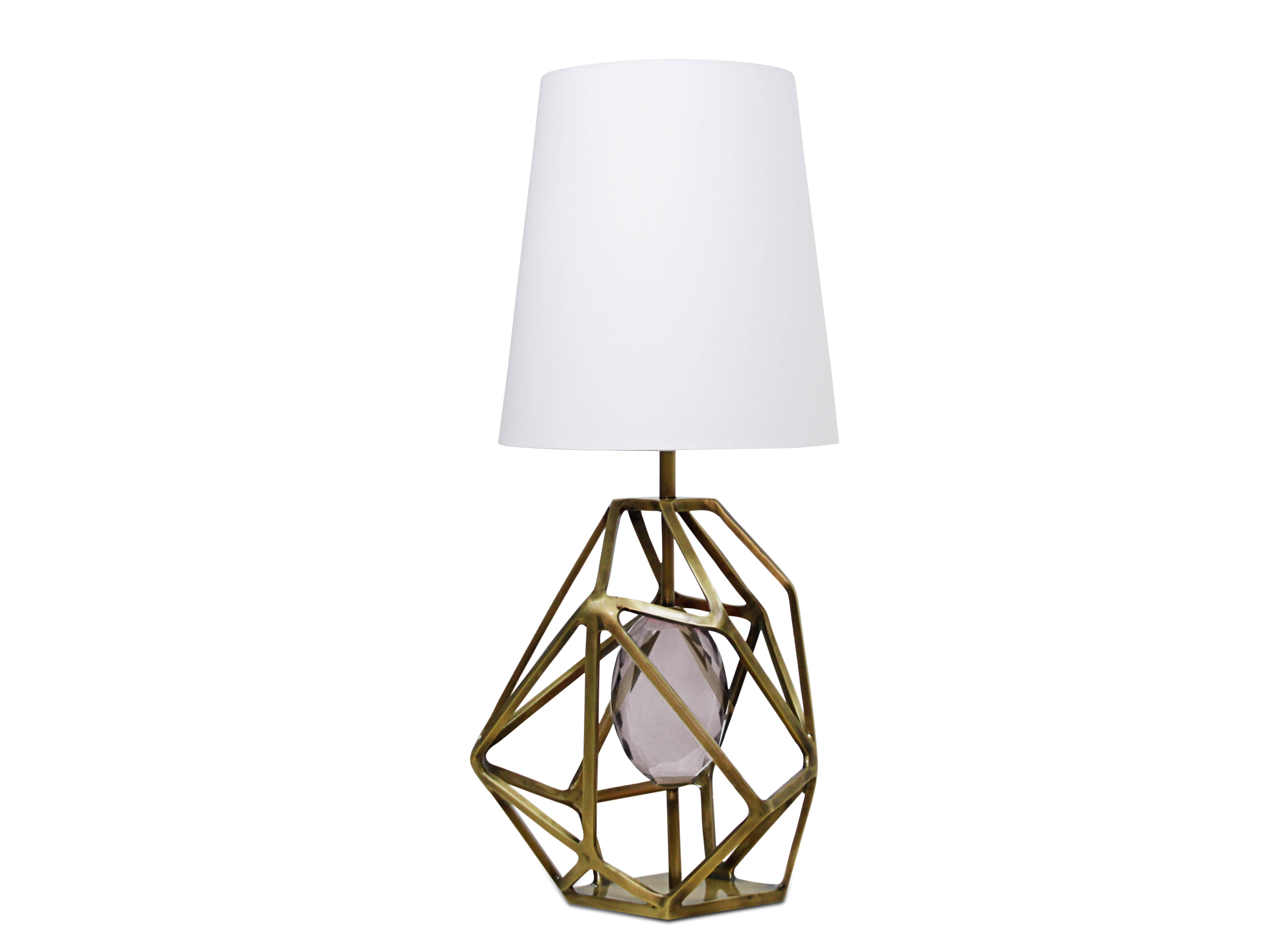Modern Pair of European Green Gem stone, Geometric Brass Table Lamp by Koket For Sale