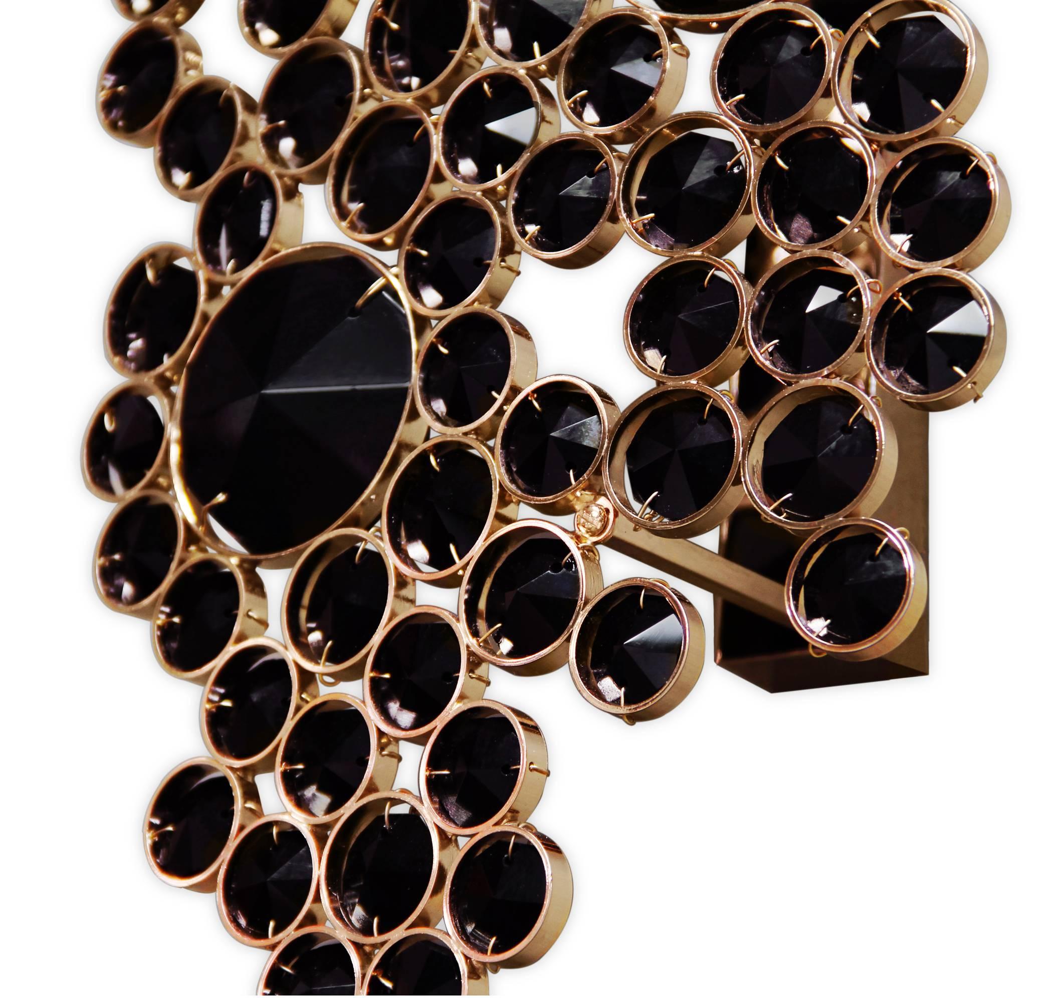 Portuguese Pair of Large European modern Black Crystal and Brass Wall Sconces by Koket For Sale