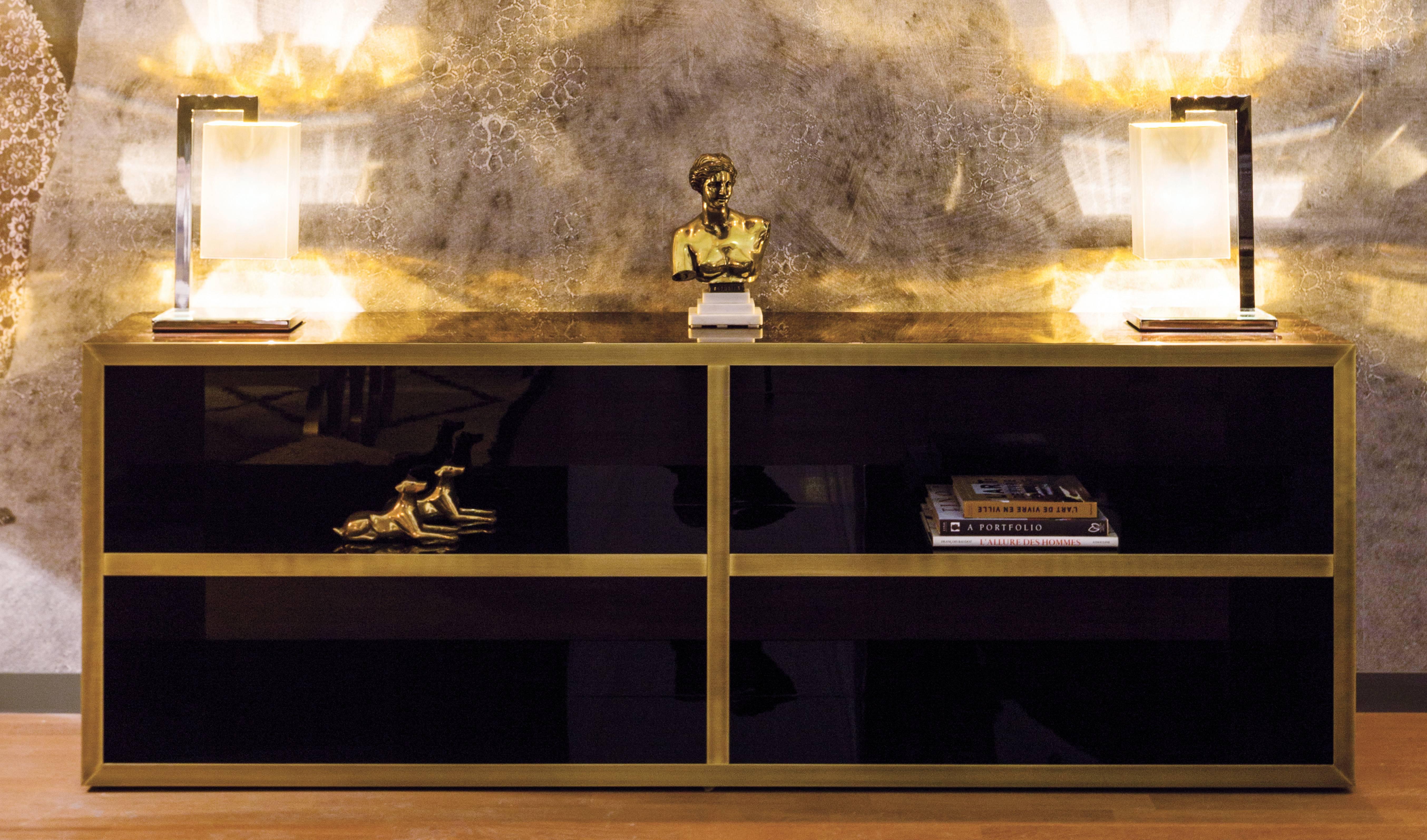 Veneer Italian Modern Ebony Wood and Brass Alexandra Bookcase by Dom Edizioni For Sale