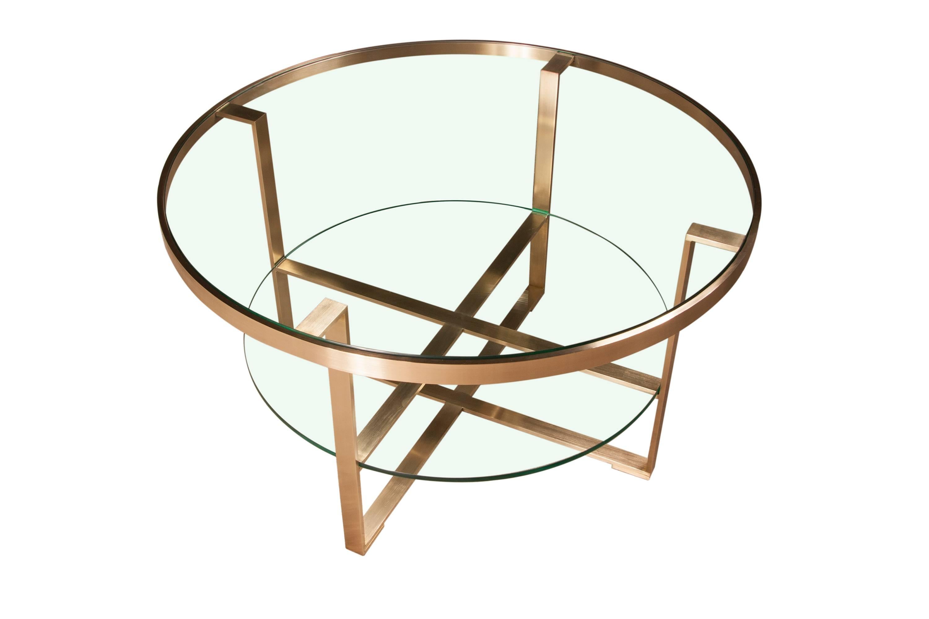 Modern French Round Coffee Cocktail Table with Brushed Brass and Glass Top and Shelf For Sale