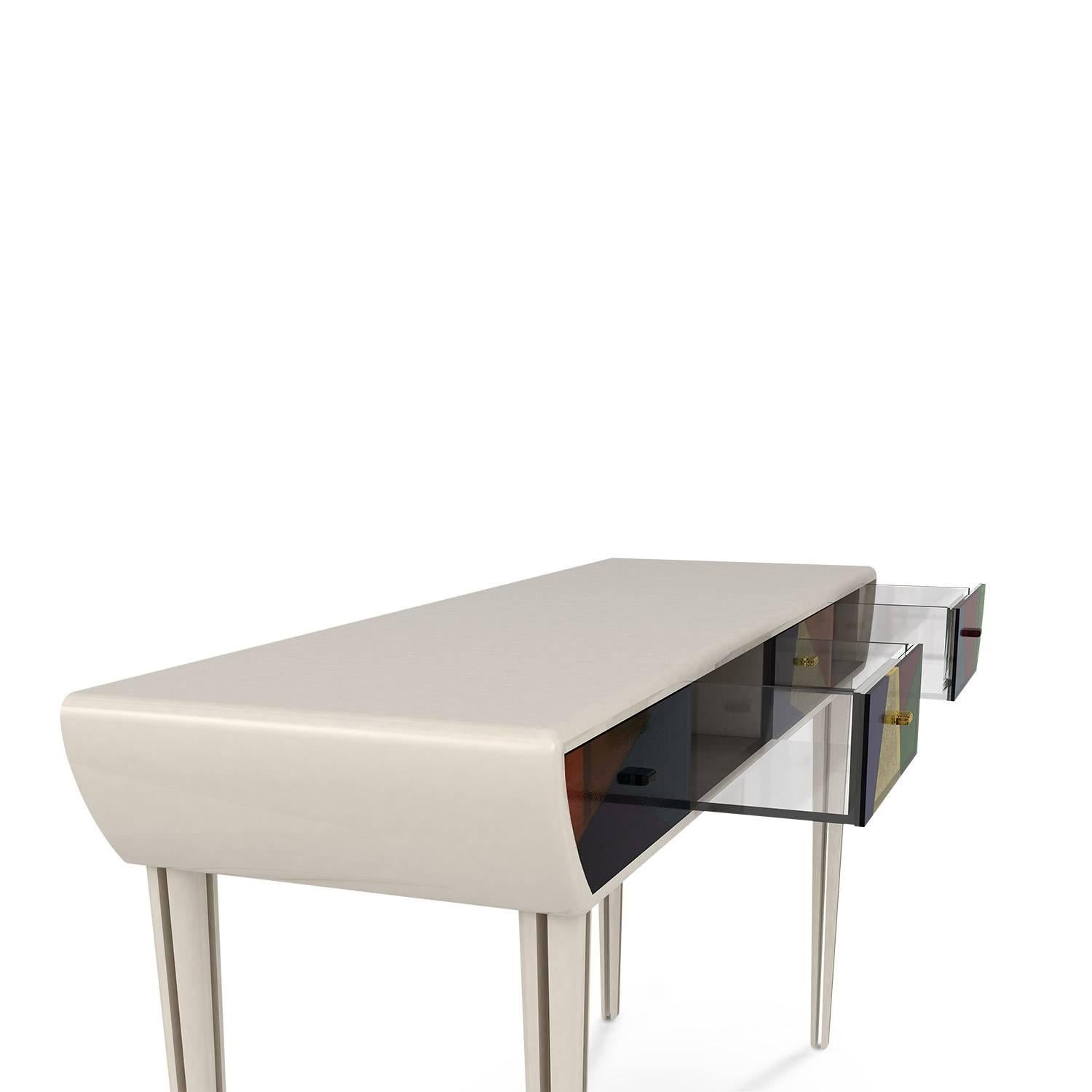 Portuguese European Modern Lacquered Wood, Stained Glass, Acrylic Four-Drawer Vitra Console For Sale