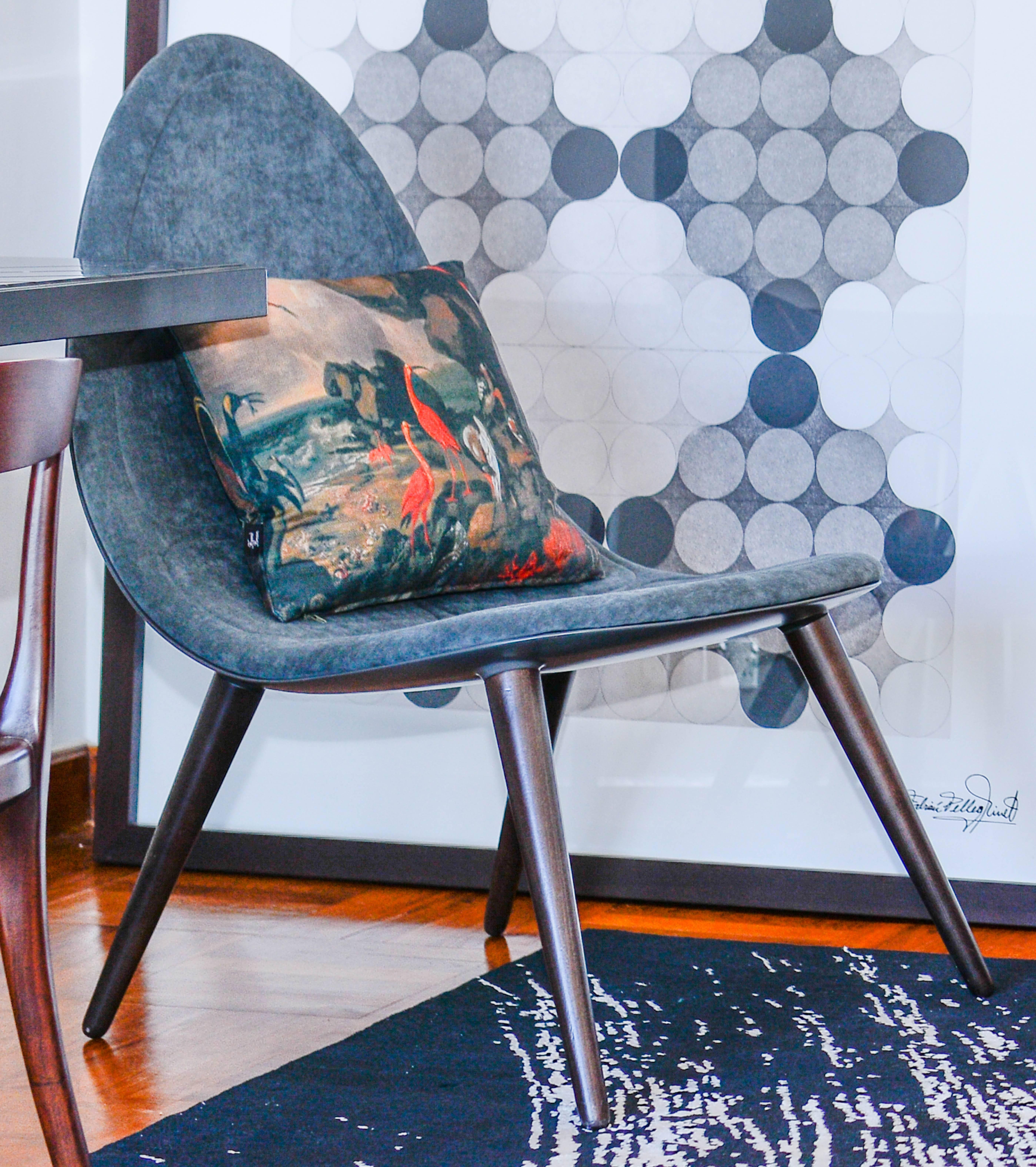 Modern French Fibre/Resin Futuristic Slim-Lined Velvet Lounge Chair, Ottoman 5