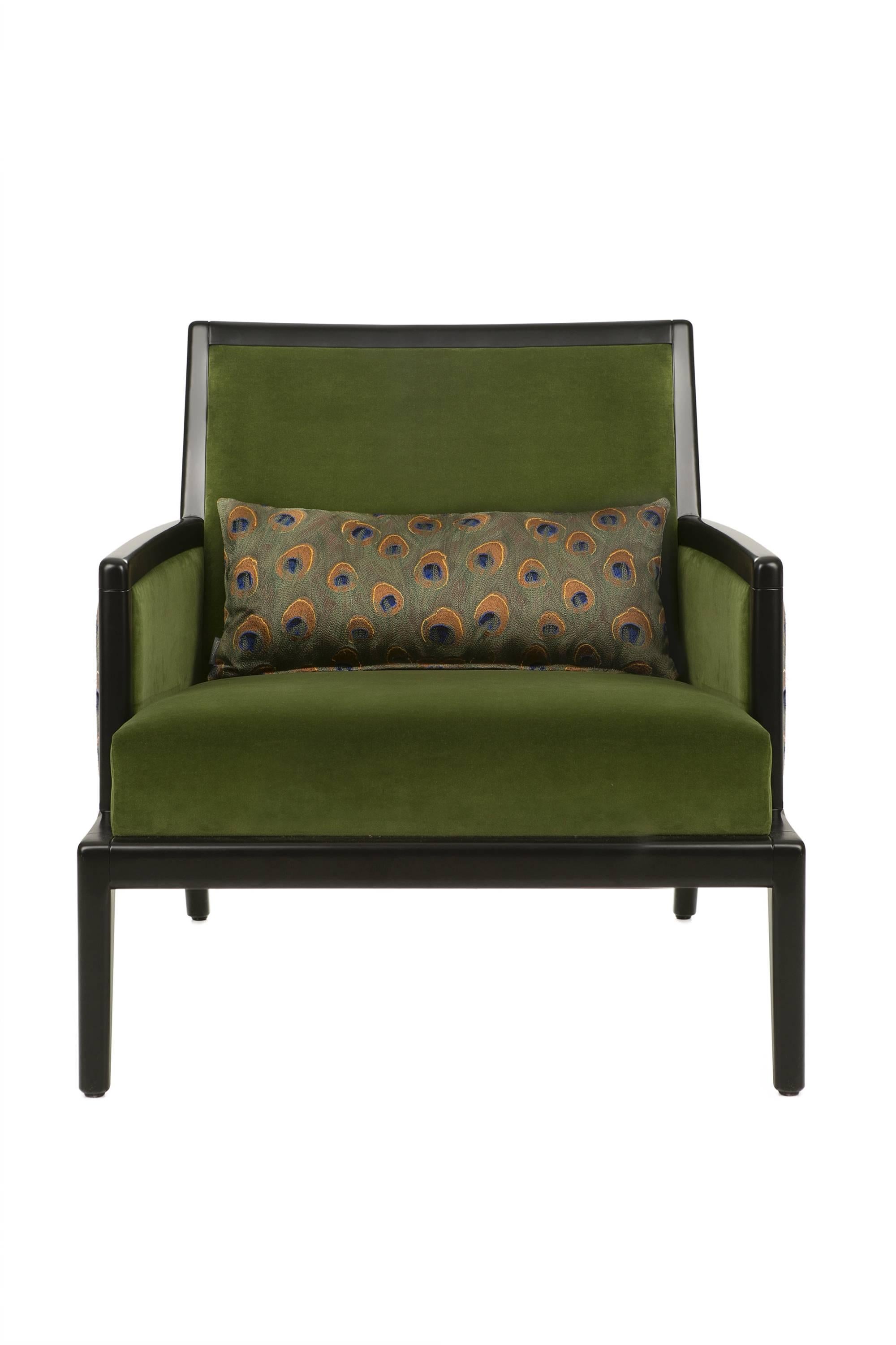 French Modern Olive Green Velvet Upholstered Peacock Lounge Bergere Armchair In Excellent Condition For Sale In Sydney, NSW