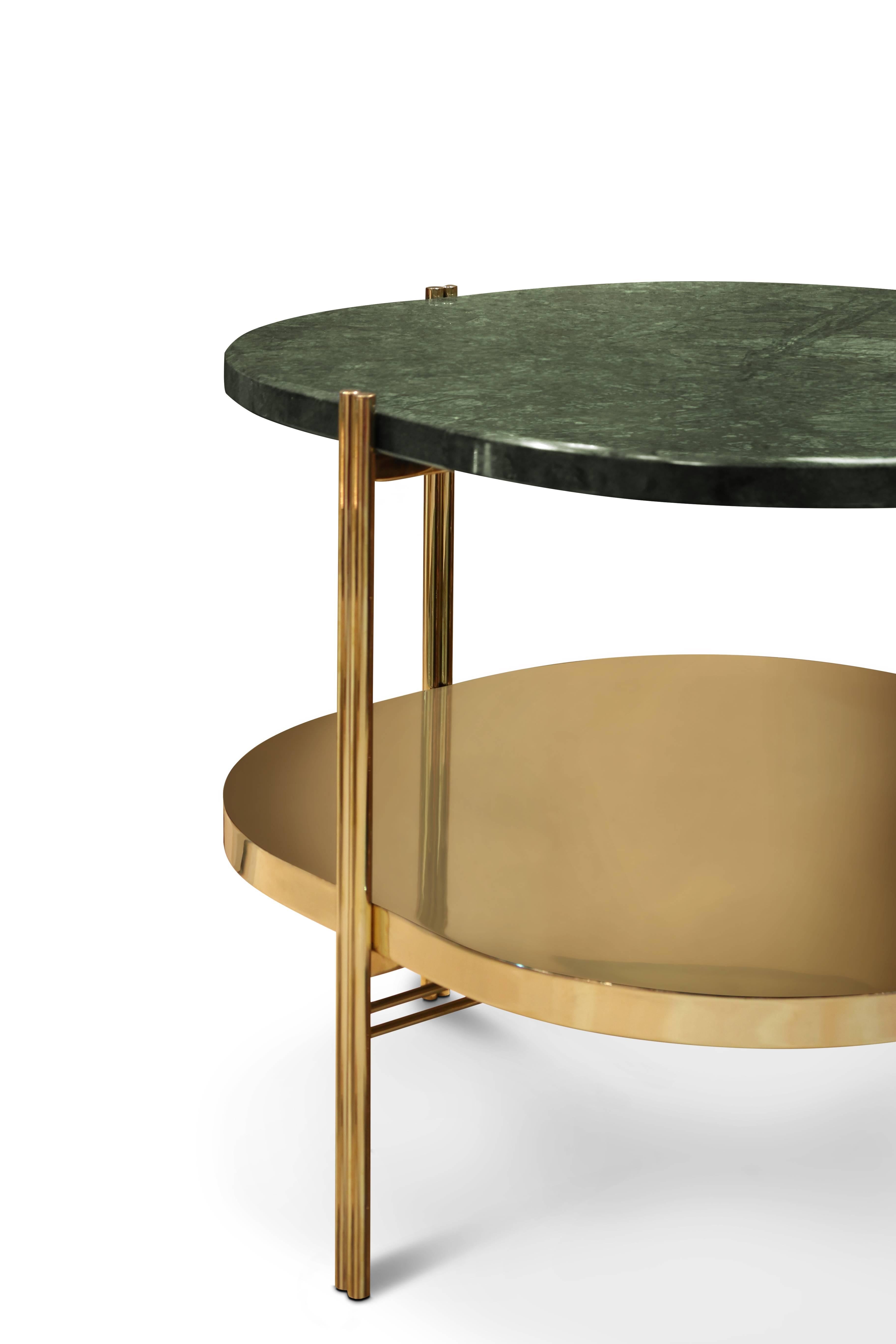 Portuguese Mid-Century Modern Style European Marble and Brass Two Ledge Round Side Table For Sale