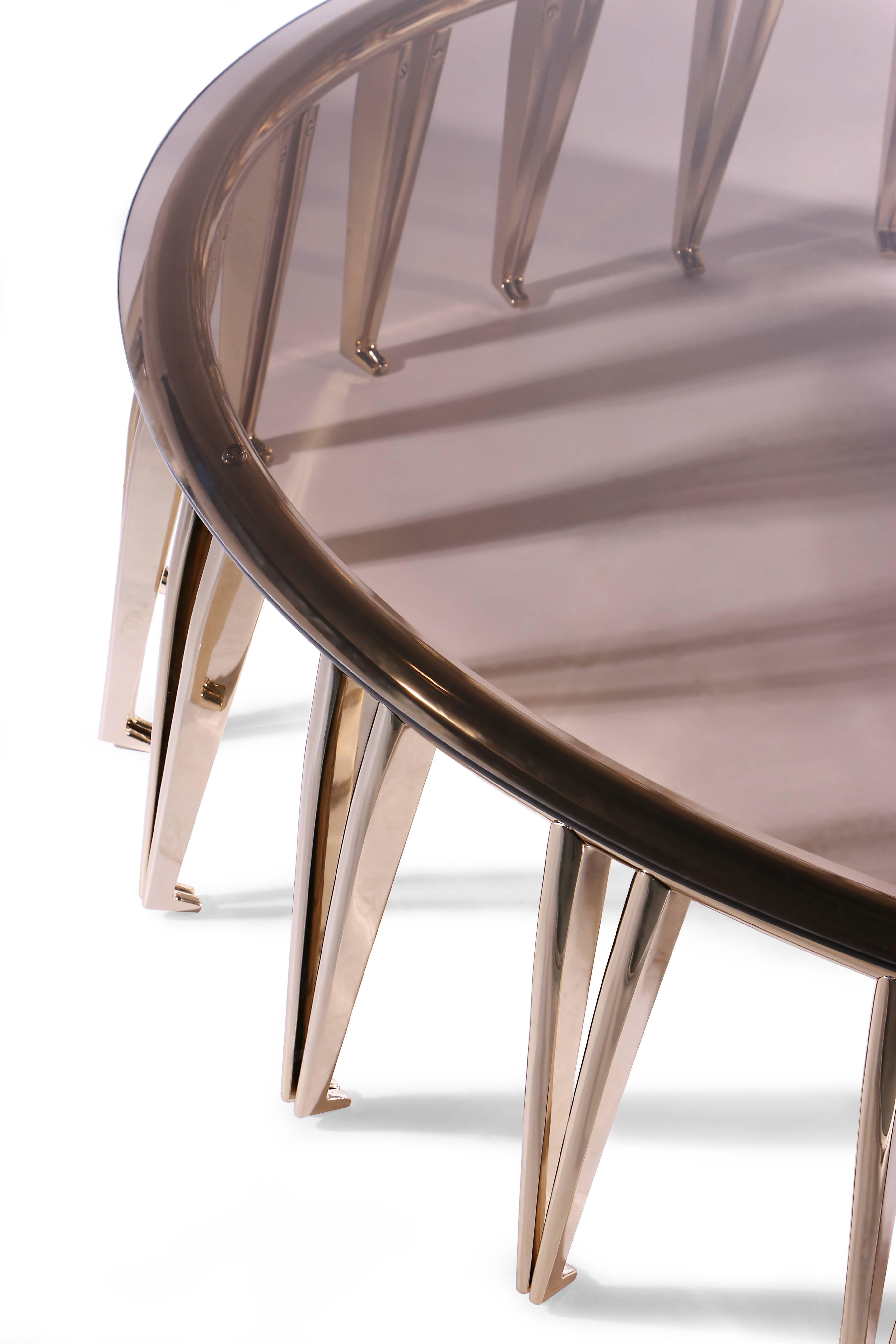 Portuguese European Mid-Century Modern Style Gold-Plated Brass, Glass Round Center Table For Sale