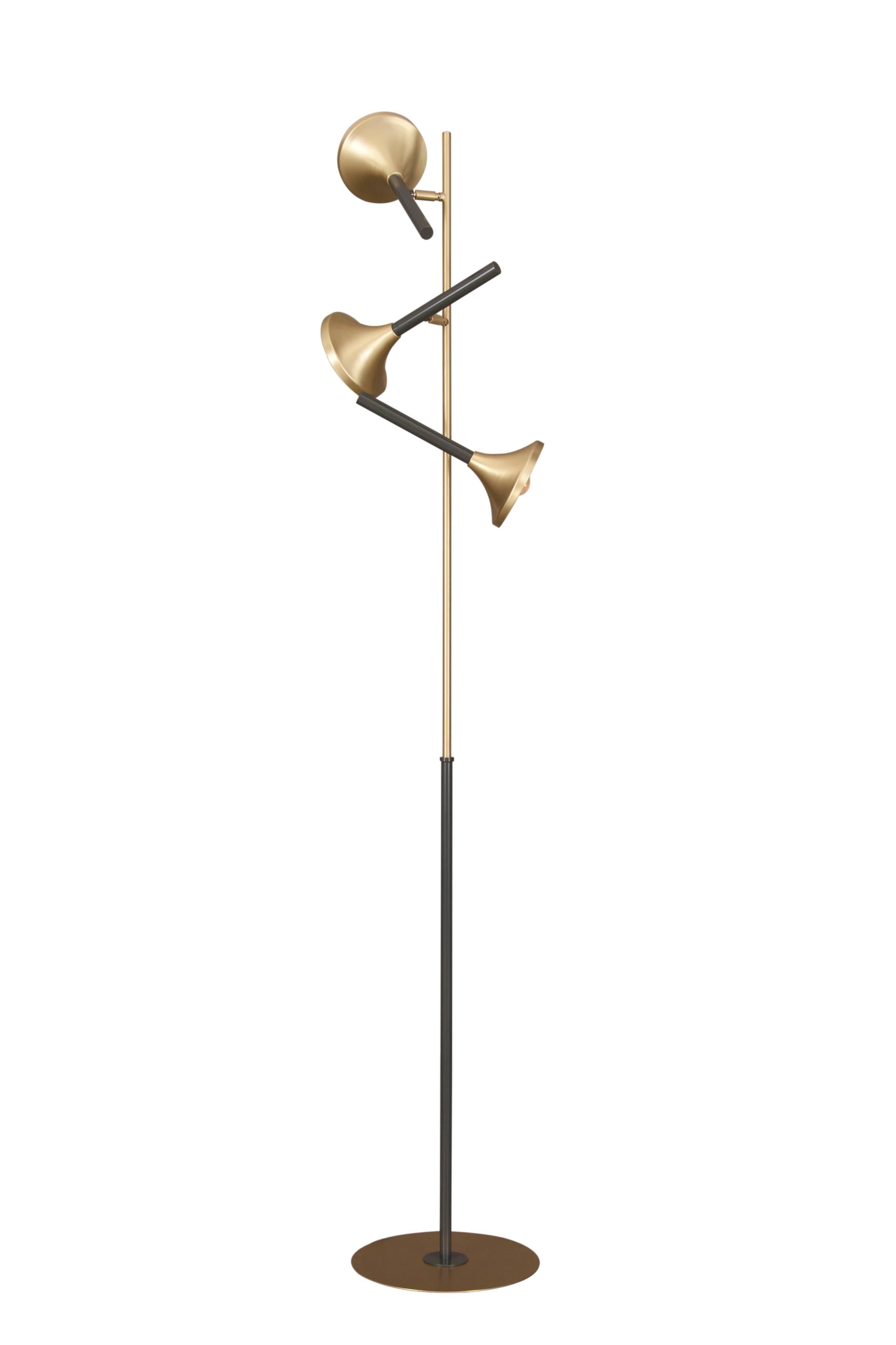 French Modern Three Shade Brass and Enameled Floor Lamp In Excellent Condition For Sale In Sydney, NSW