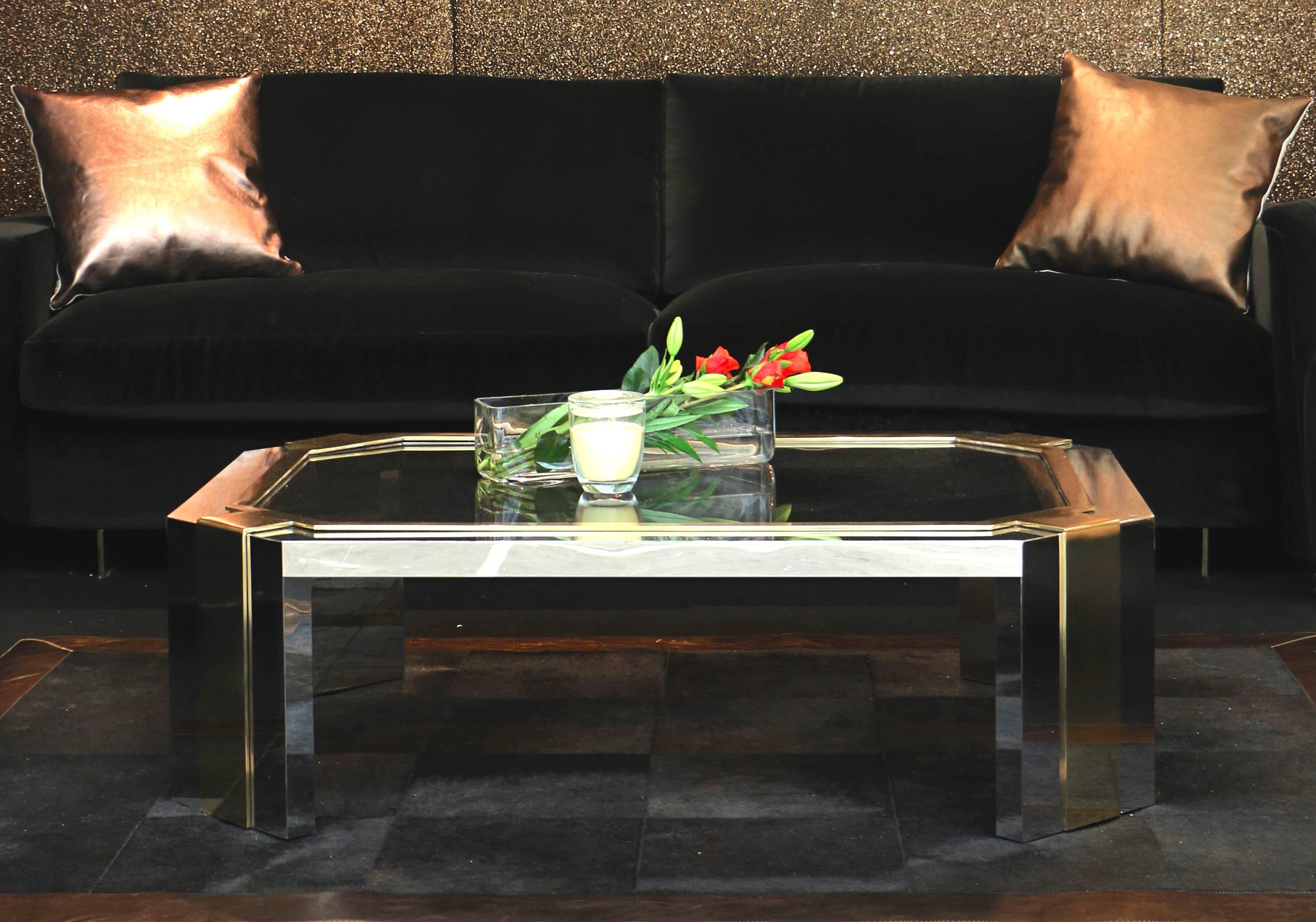 Contemporary European Modern Geometric Bronze Glass, Stainless Steel, Brass Minx Coffee Table For Sale