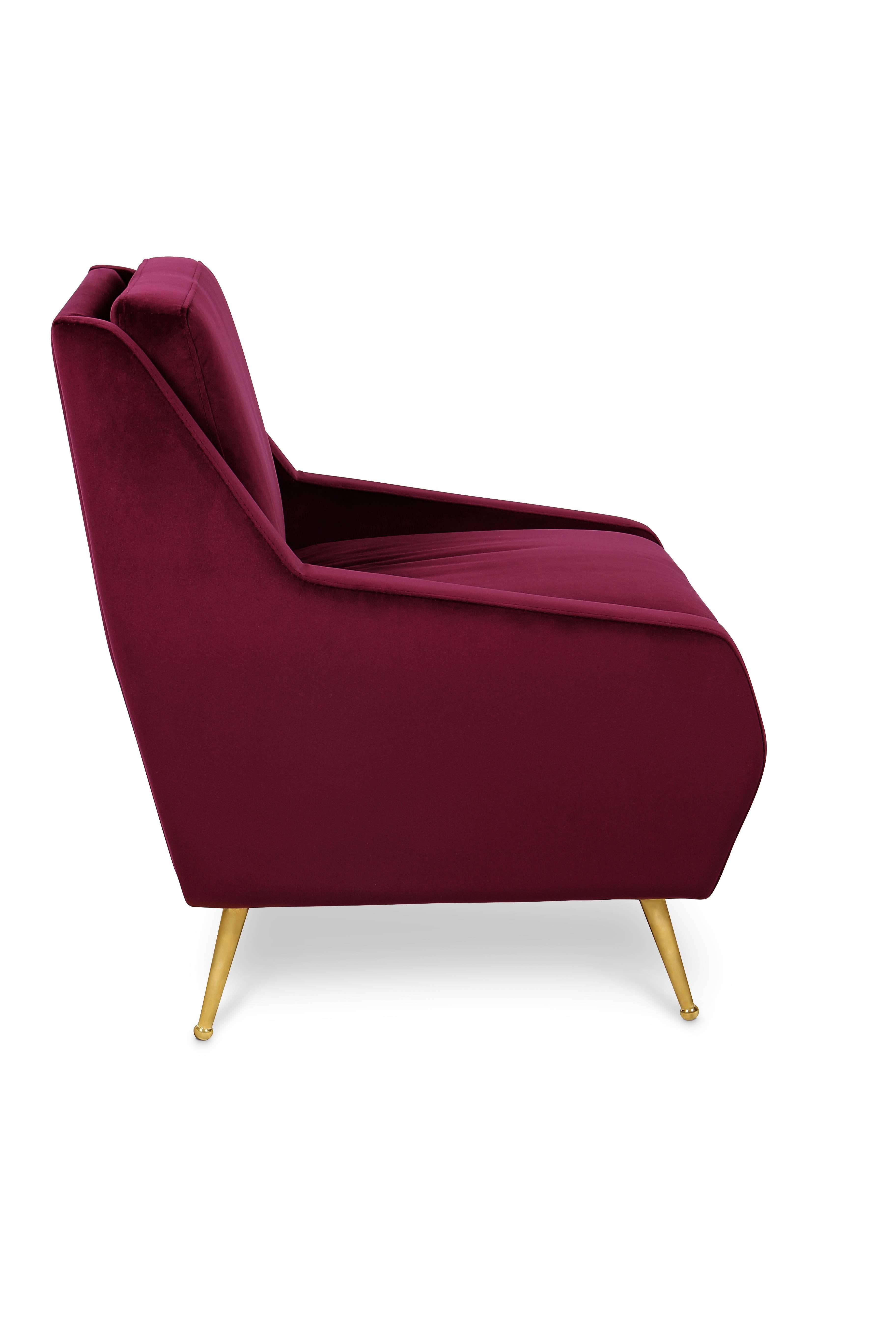 Polished European Mid-Century Modern Inspired Velvet and Brass Armchair For Sale