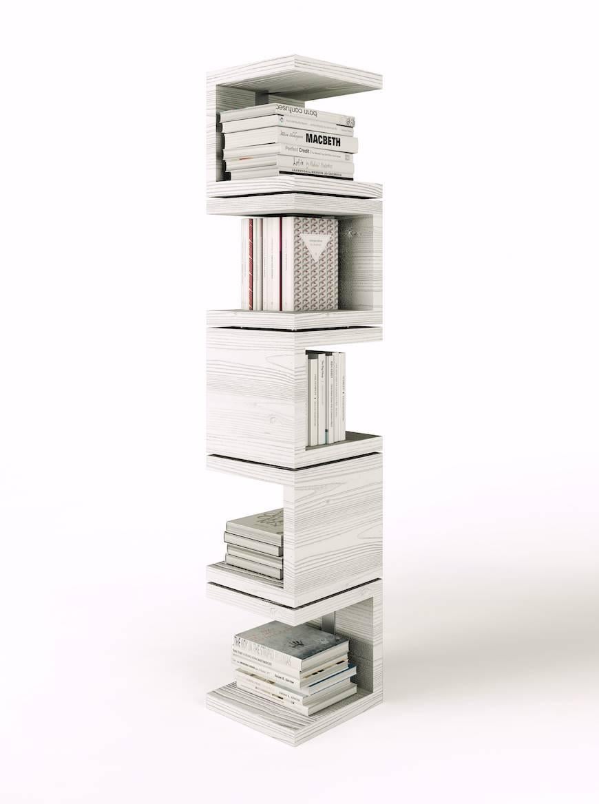 Very practical Italian modern modular bookshelf with overlapping elements, open on all sides. 

Finishing: Option of sandblasted fir wood or TS fir wood.

One on sale is Black version- in stock ready to ship (see attachment for colour).

Size