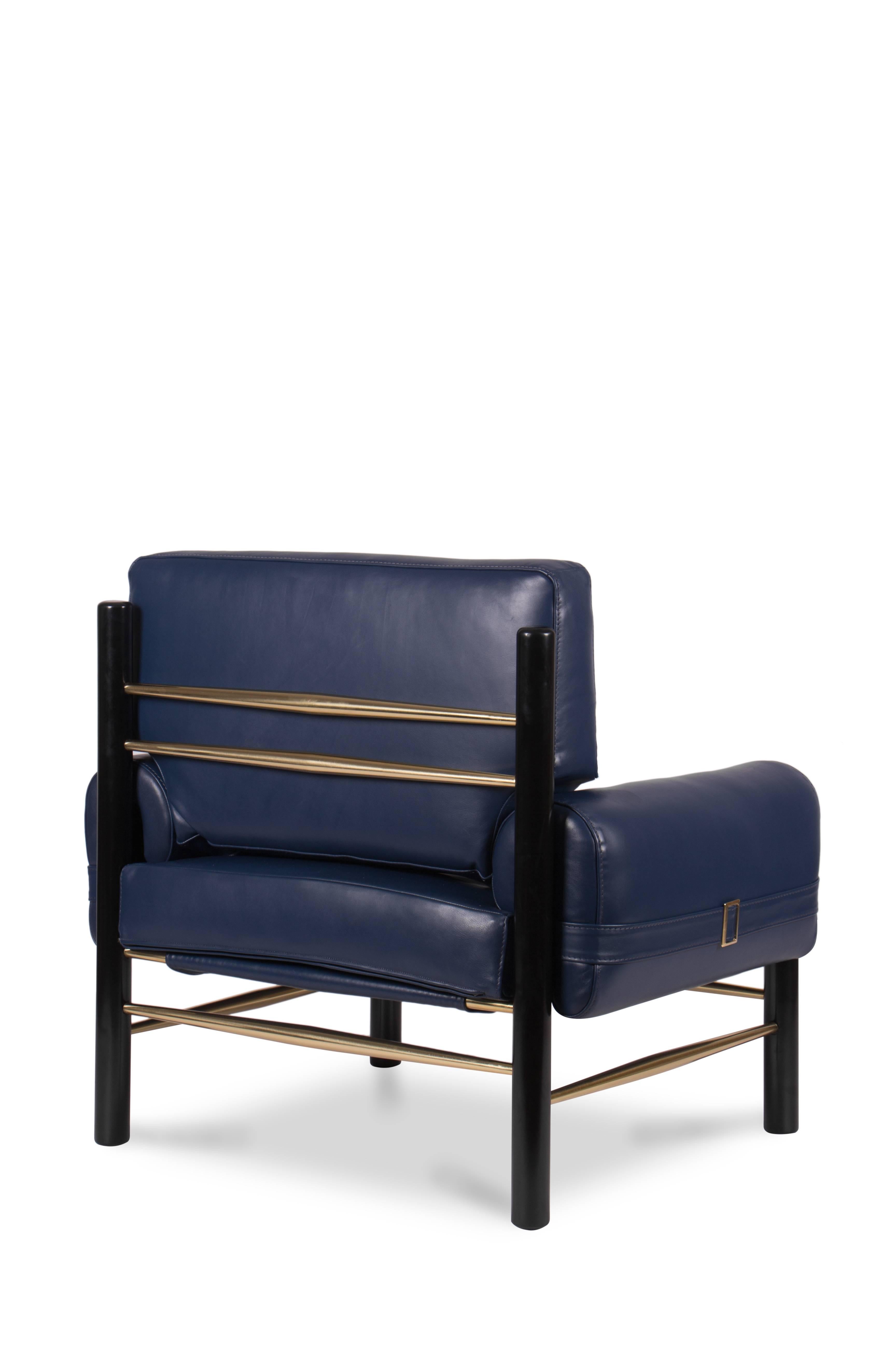 Mid-Century Modern-Style Leather, Wood and Brass Boxy Armchair In Excellent Condition For Sale In Sydney, NSW