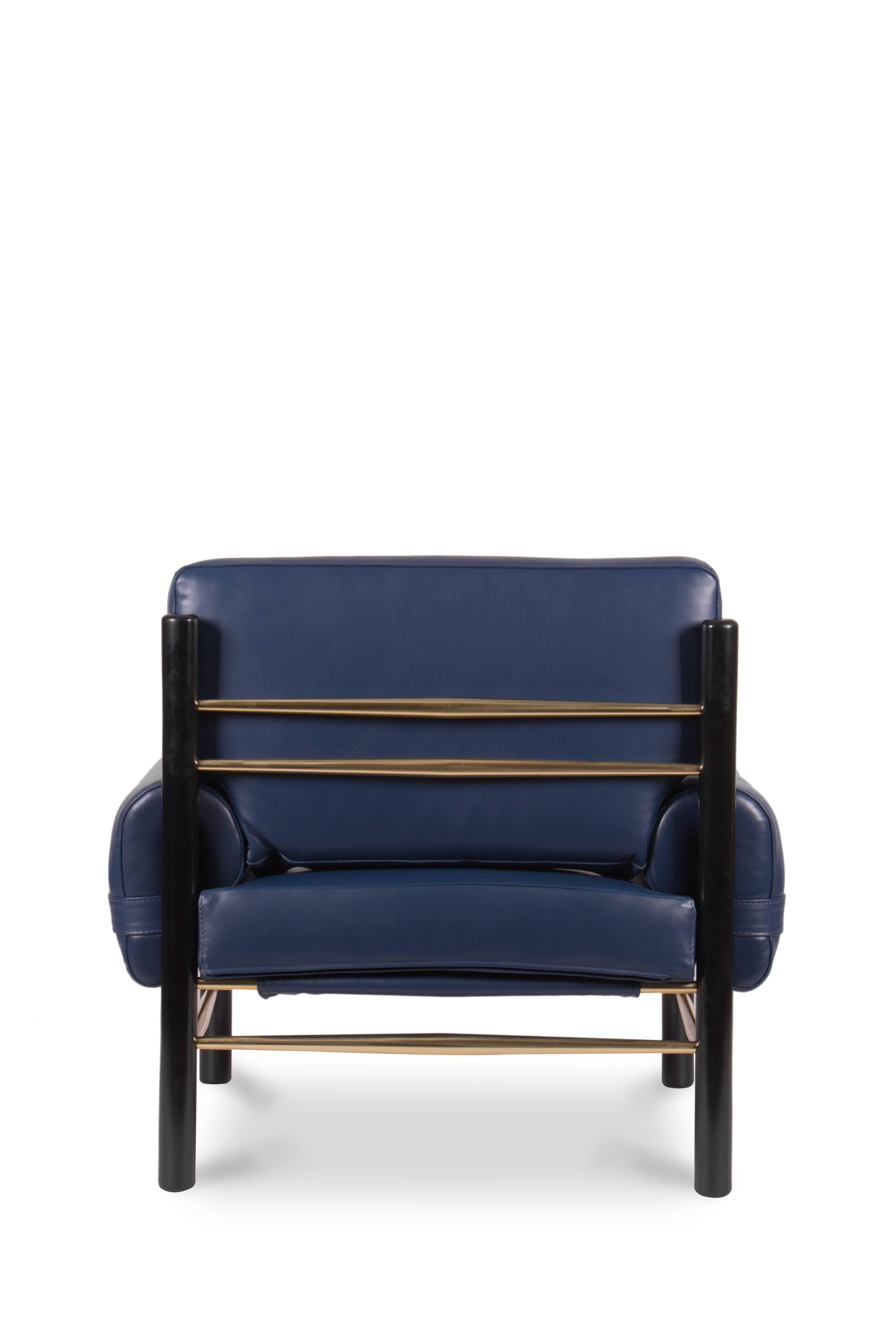 Lacquered Mid-Century Modern-Style Leather, Wood and Brass Boxy Armchair For Sale