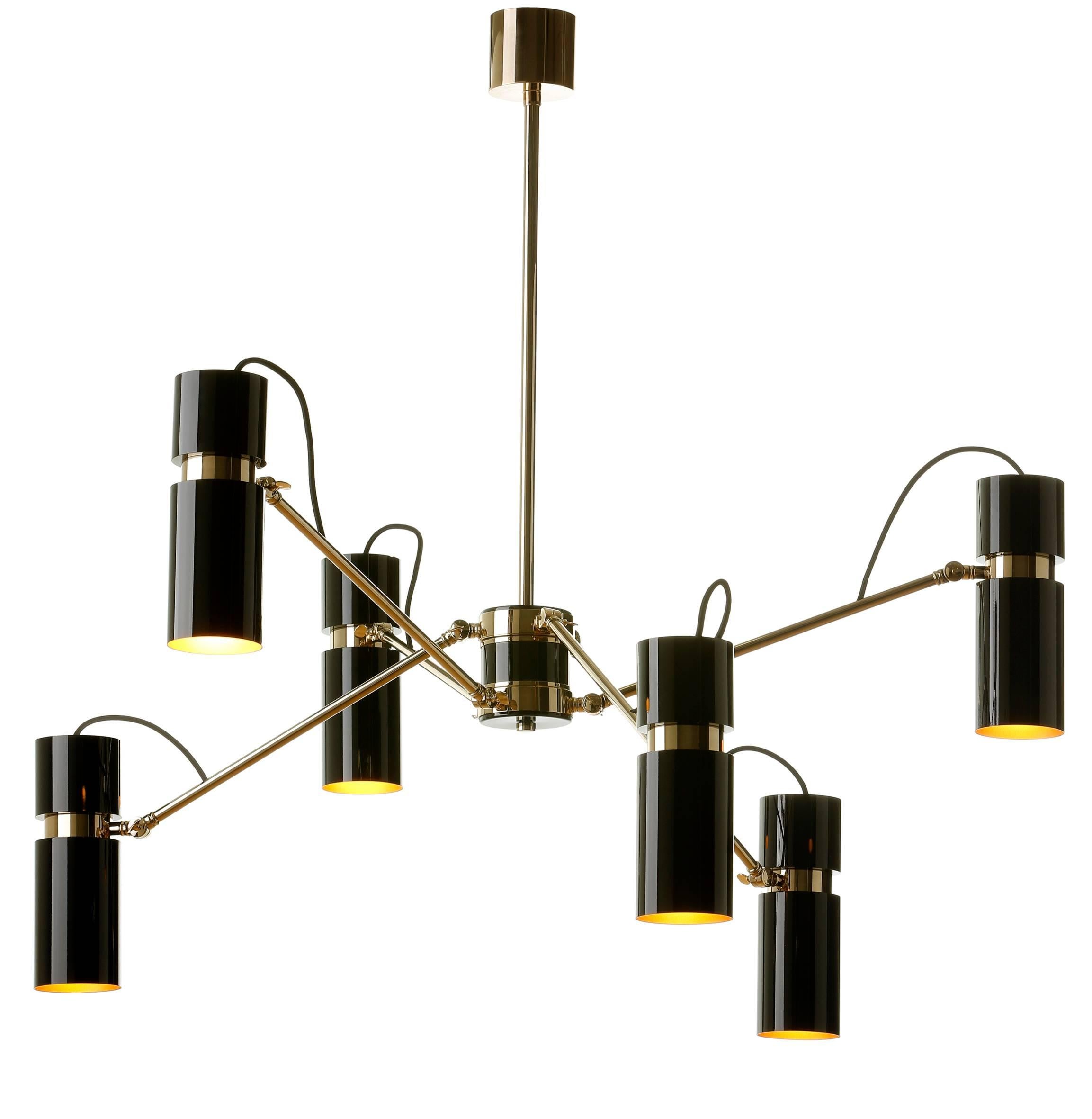 European Modern Black and Gold Lacquer Astaire Six-Arm Chandelier For Sale