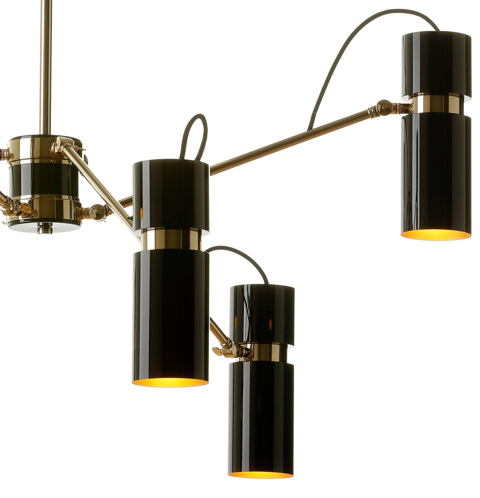 Mid-Century Modern six-arm chandelier.

Measures (cm): 100x100
lamps: Six lamp e14 max. 40w
class: Class I
material: Brass
finish: Gold/lacquer black
weight: 20 kg
packaging (cm): 60 x 60 x 120.