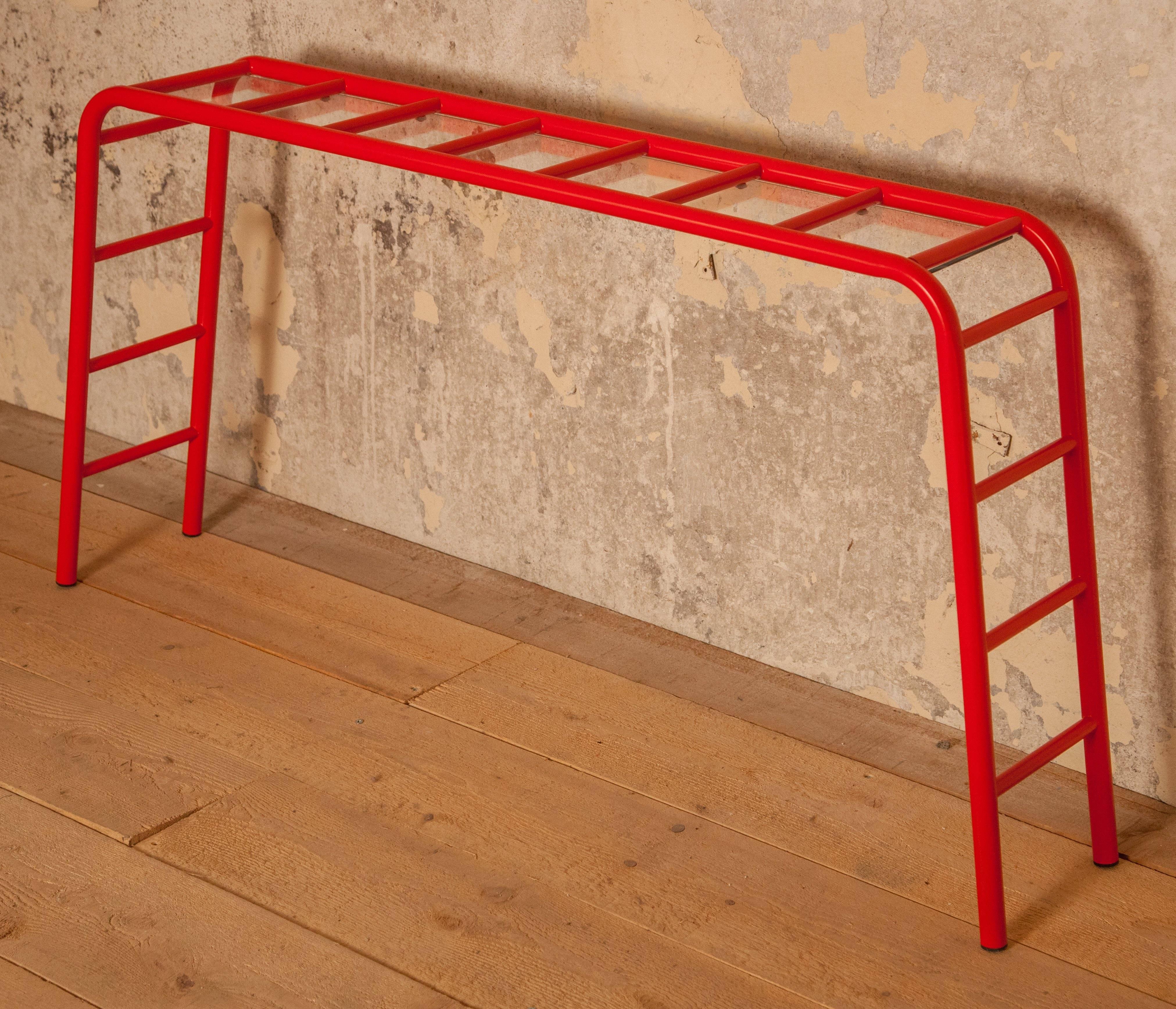 French European Modern Steel and Toughened Glass Minimalist Ladder Console from France For Sale