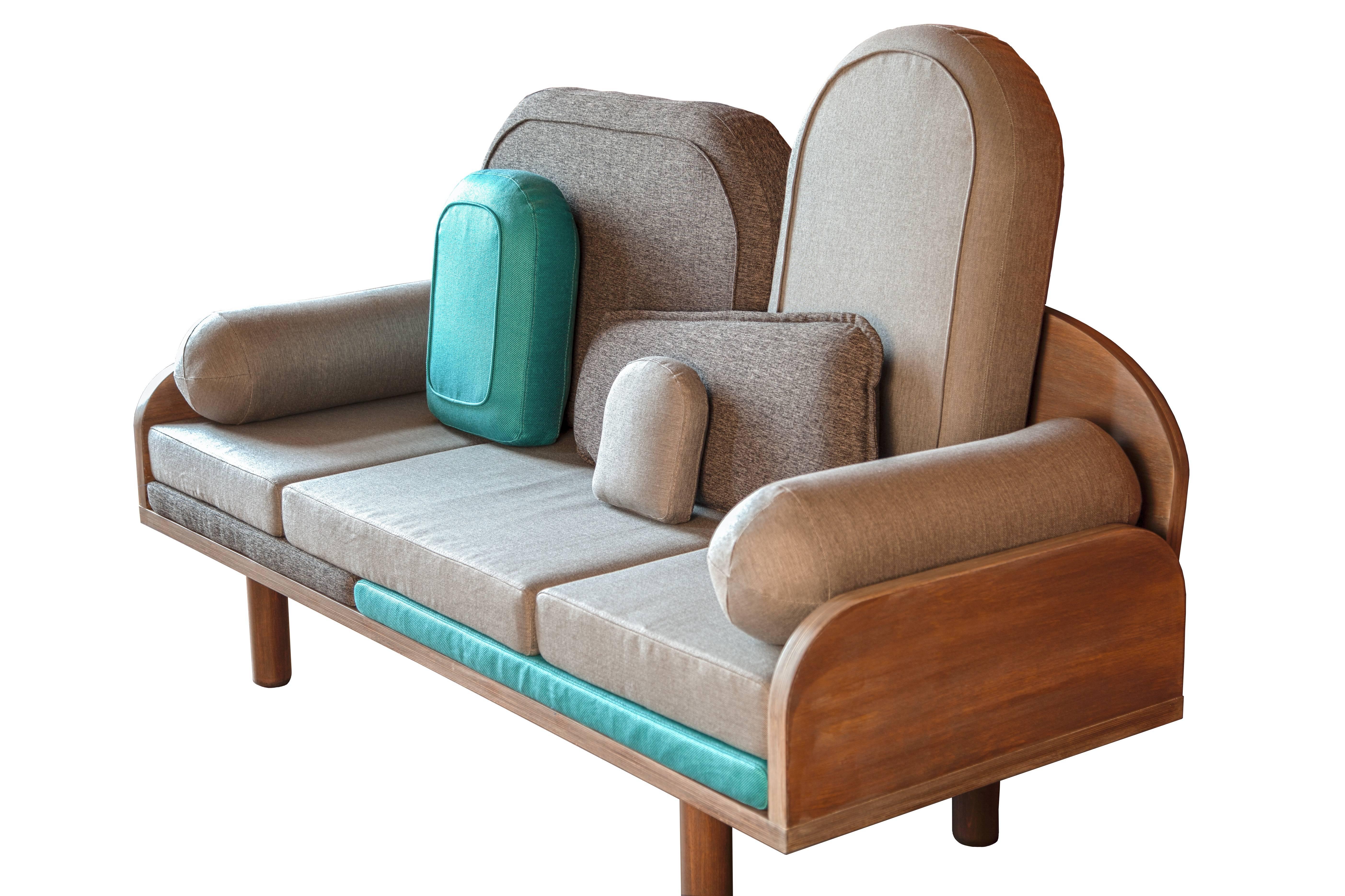 This French designed sofa with a unique patchwork of cushions, so you can create an infinite number of sitting possibilities. A three-seat sofa with a width of 200cm.

Material: Made in oak plywood and oil finish. High build polyurethane foam and