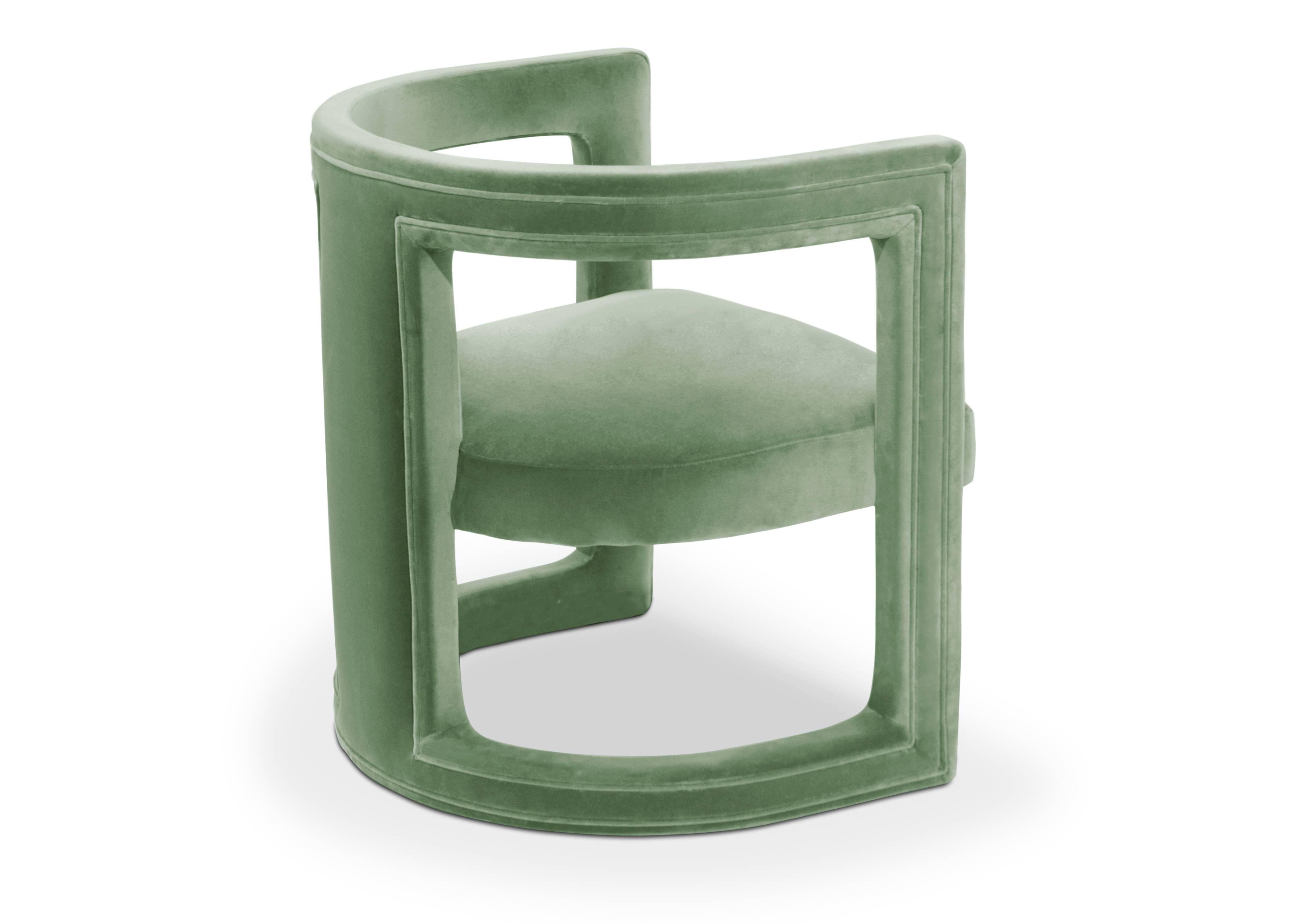 Portuguese Pair of Modern European Green Cotton Velvet Armchair Tub Lounge Cocktail Chairs For Sale