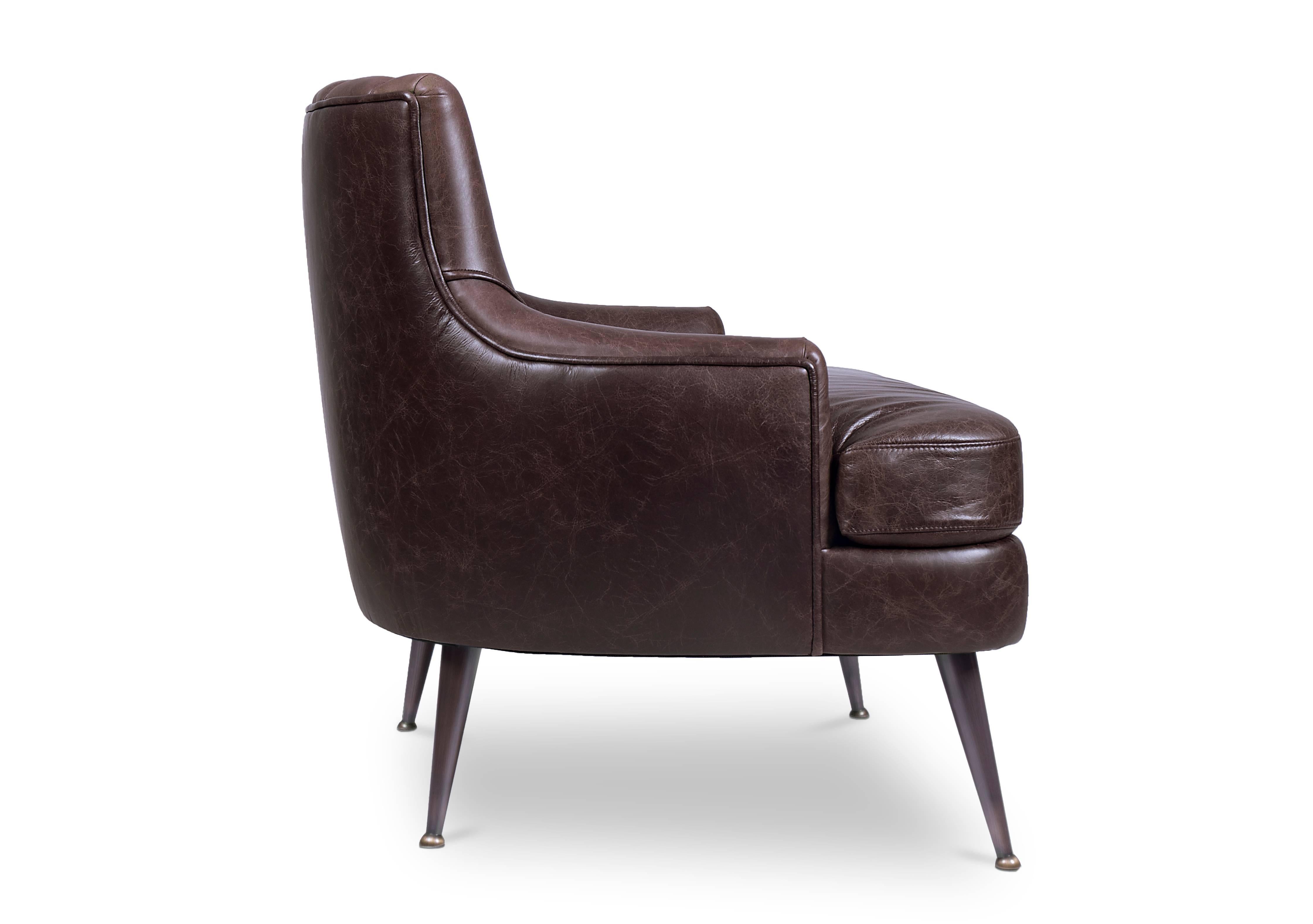 Portuguese Modern European Brown Ruched Faux Leather and Aged Brass Armchair For Sale