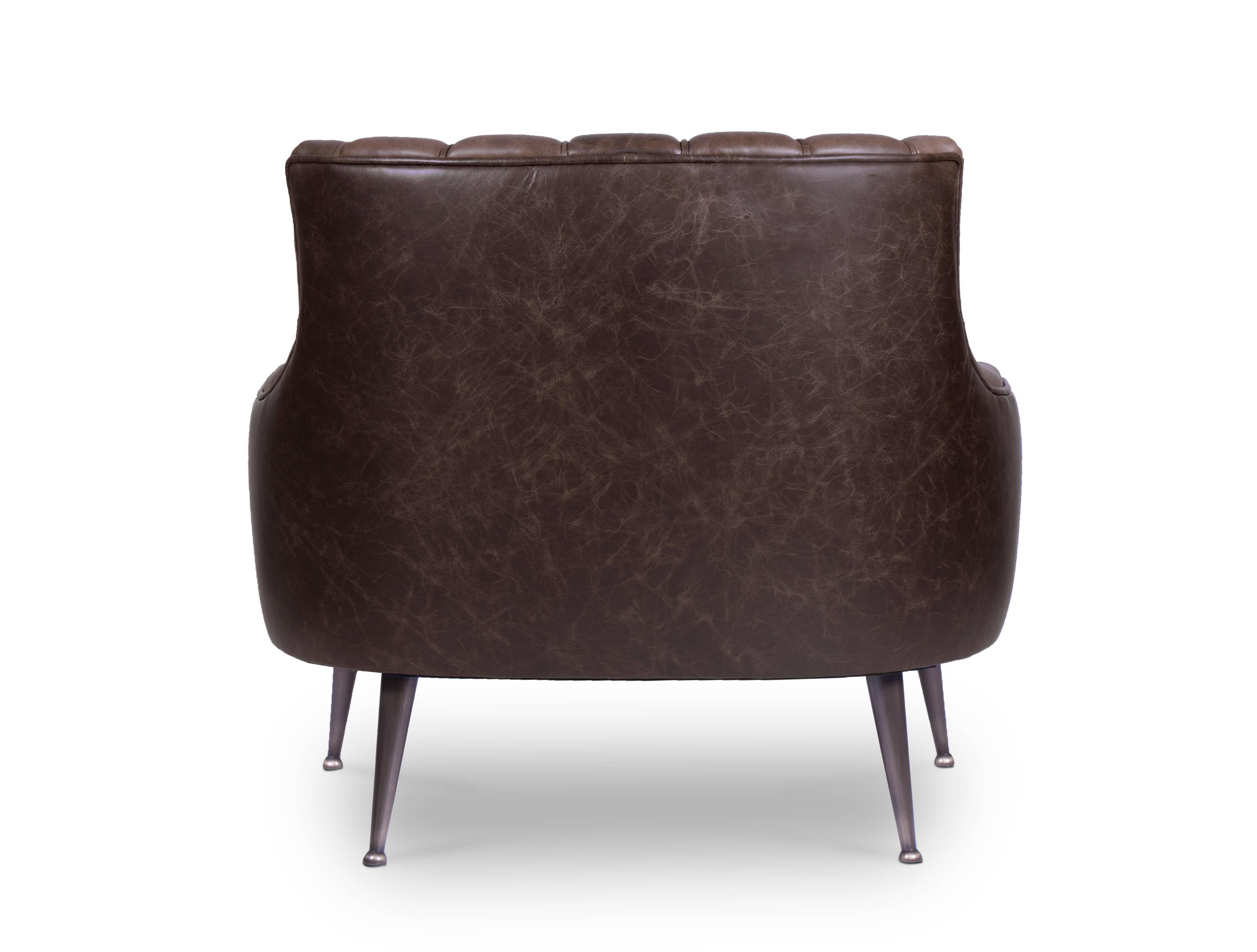 Contemporary Modern European Brown Ruched Faux Leather and Aged Brass Armchair For Sale