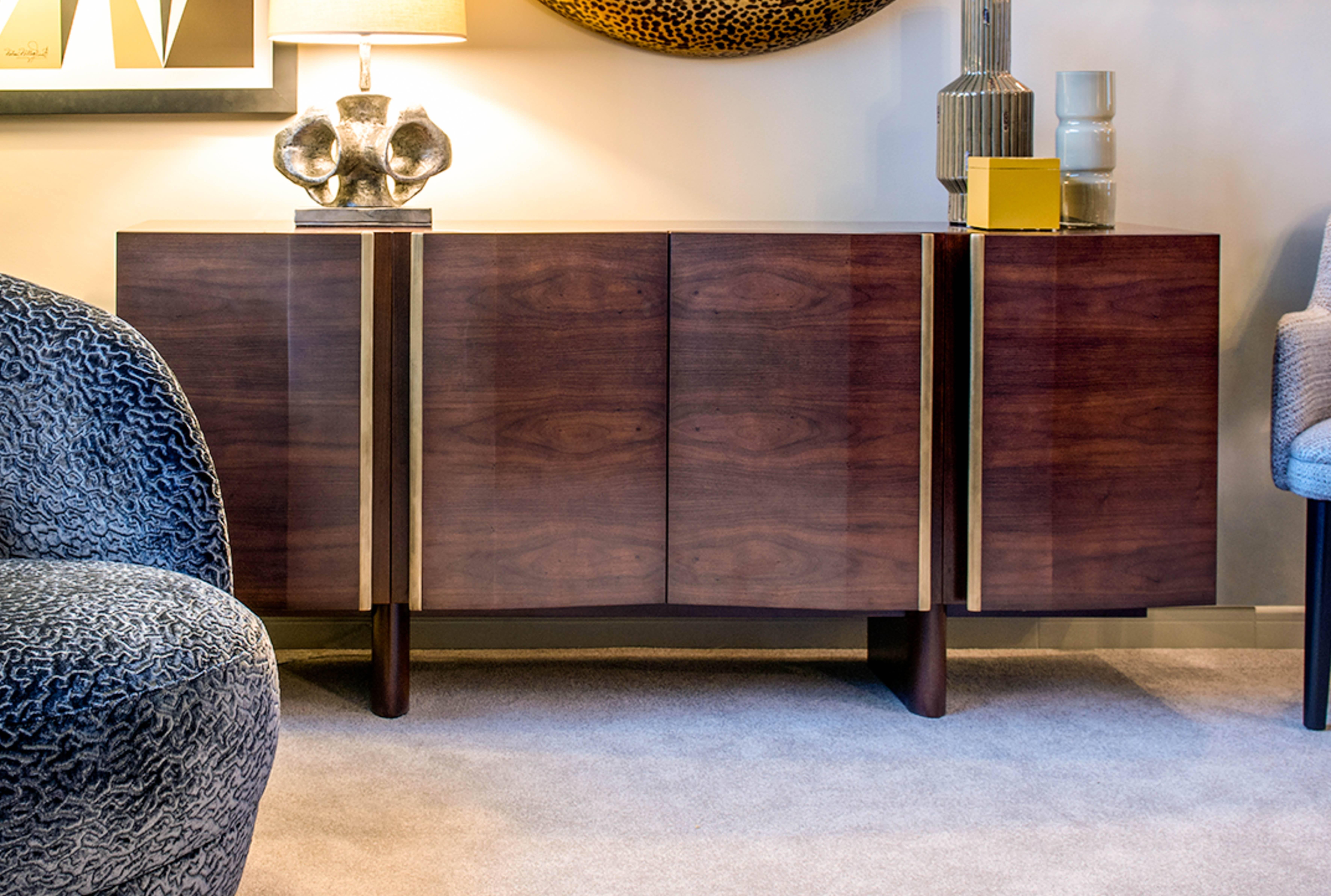 Contemporary Cognac Walnut and Brass Sideboard from France 1