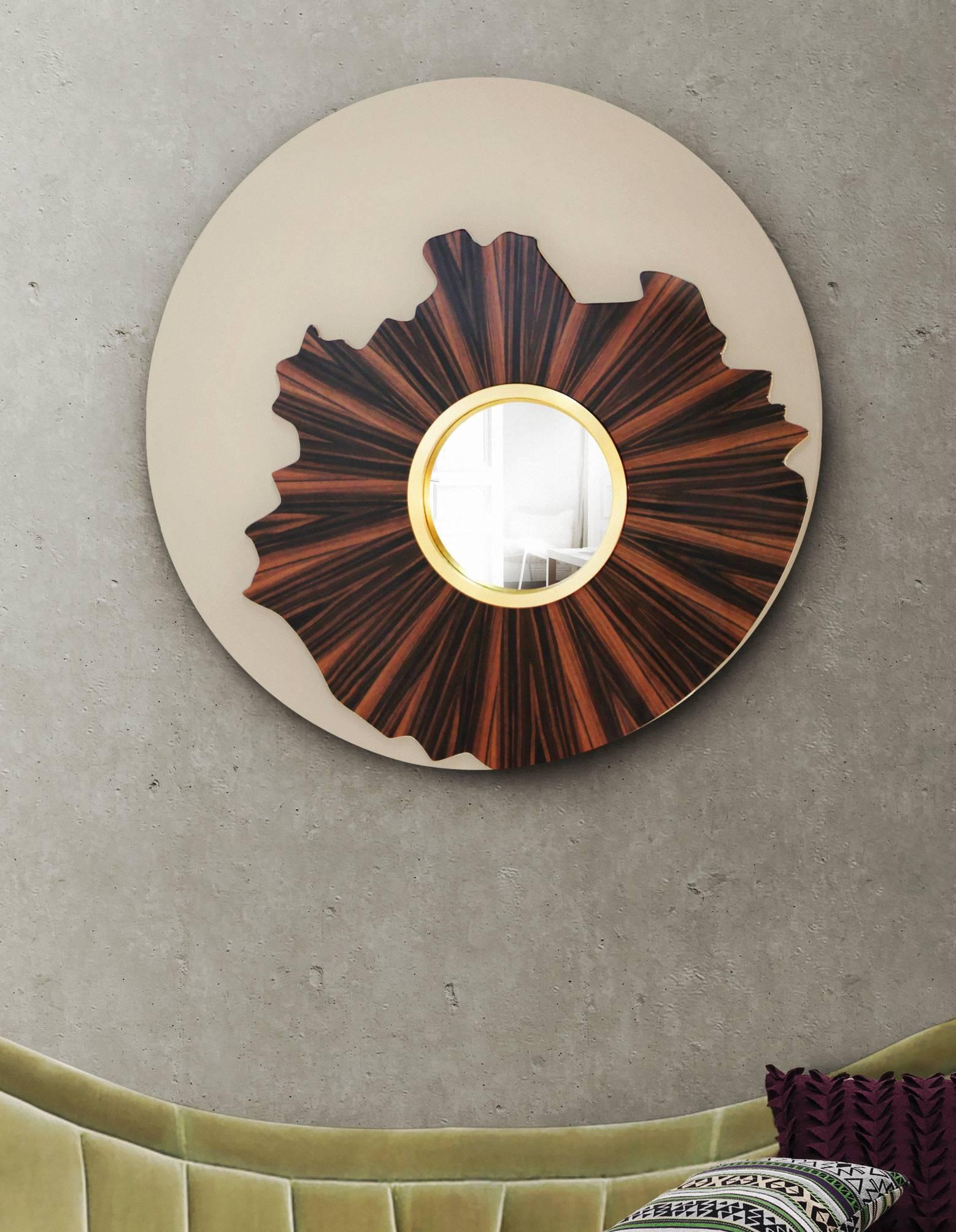 Lacquered Brabbu Large Round Modern Timber and Gold and lacquer Wall Convex mirror  