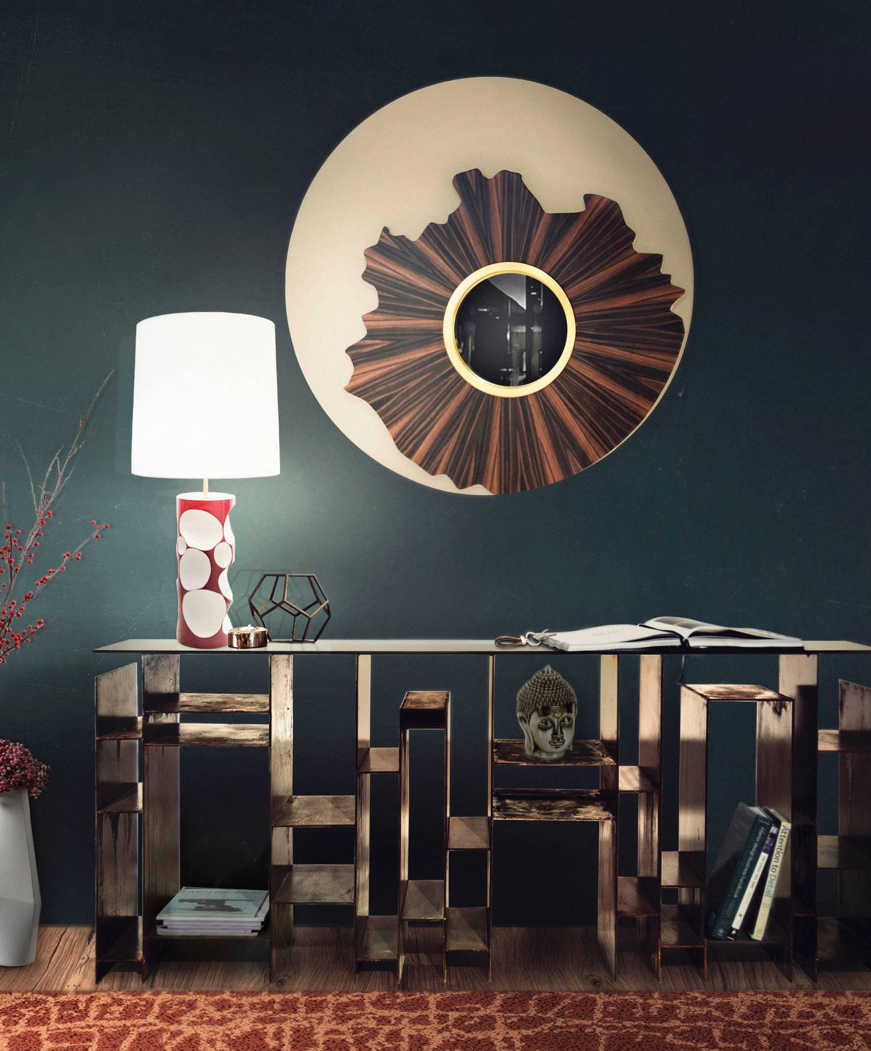 Contemporary Brabbu Large Round Modern Timber and Gold and lacquer Wall Convex mirror  