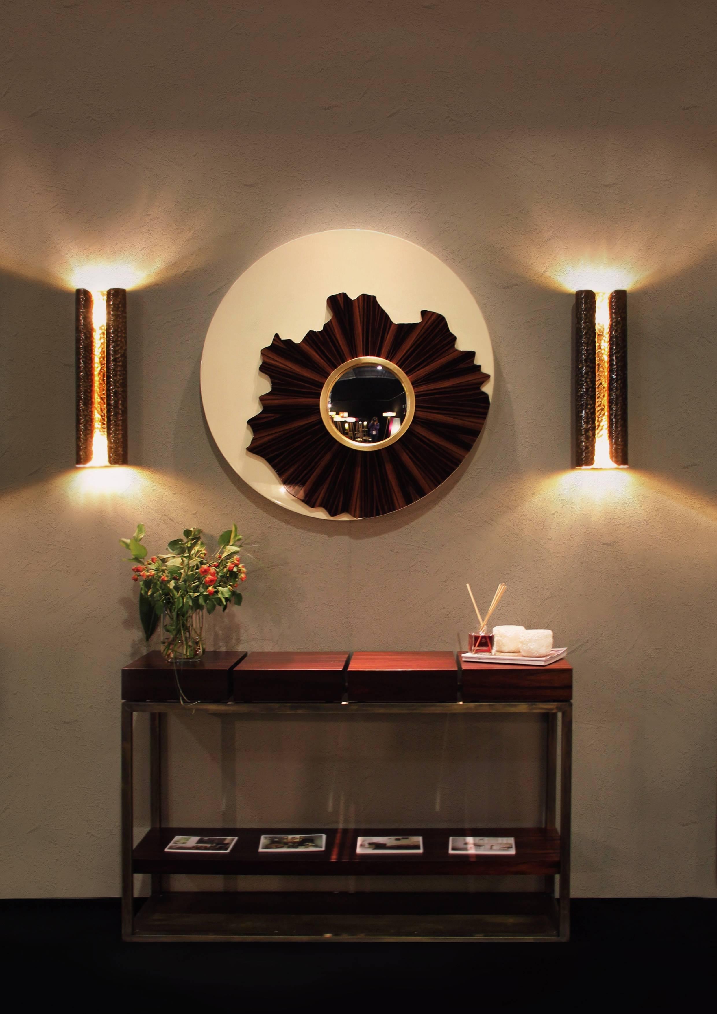 Ebony Brabbu Large Round Modern Timber and Gold and lacquer Wall Convex mirror  