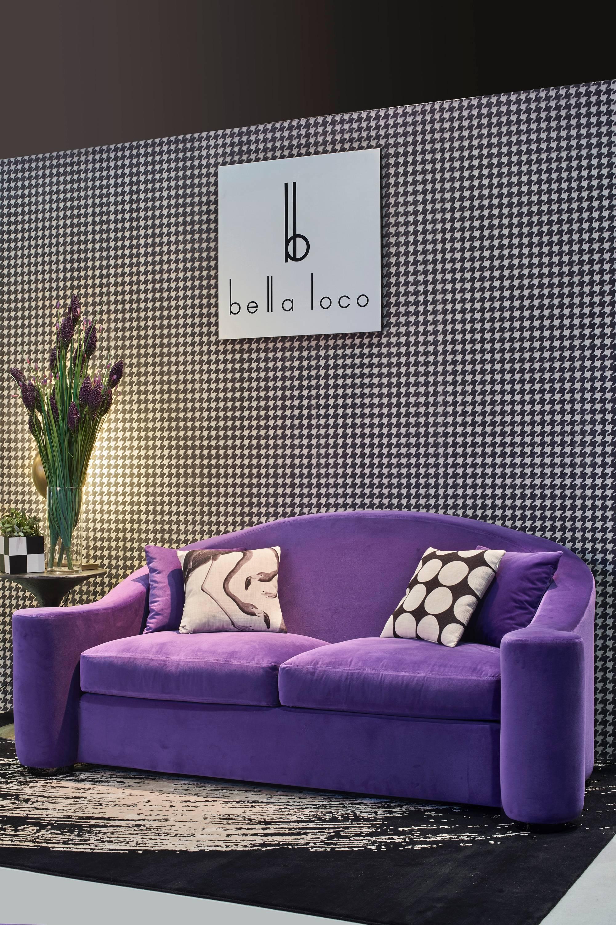 Striking curvilinear Italian lounge with Italian purple velvet and black gloss lacquered feet. Very comfortable. The sofa for sale is available now.

Ask for custom quote in any size or fabric.