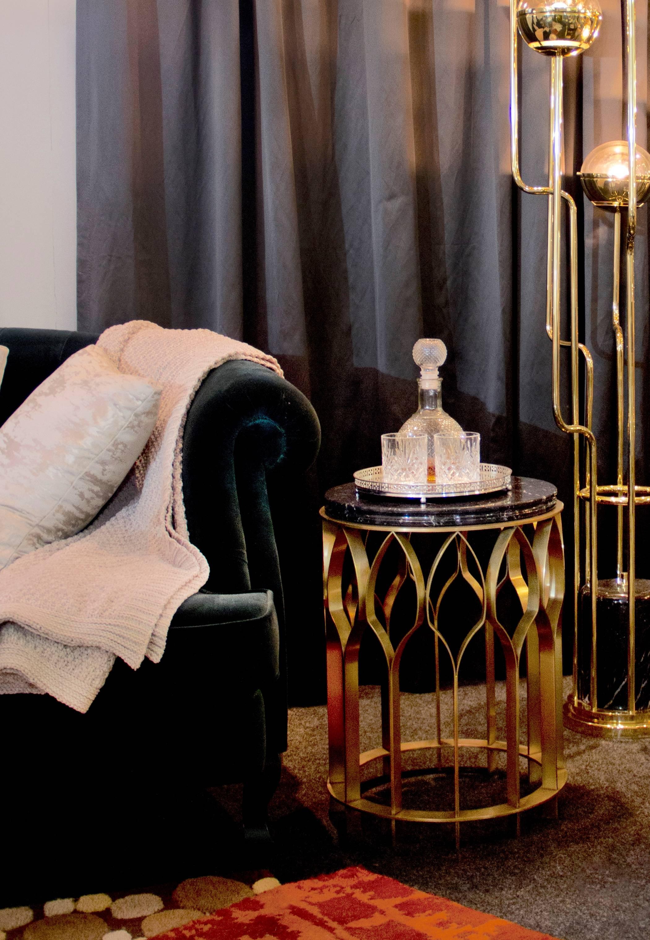 Brushed Pair of Brass and Black Marble Side Table from Europe For Sale